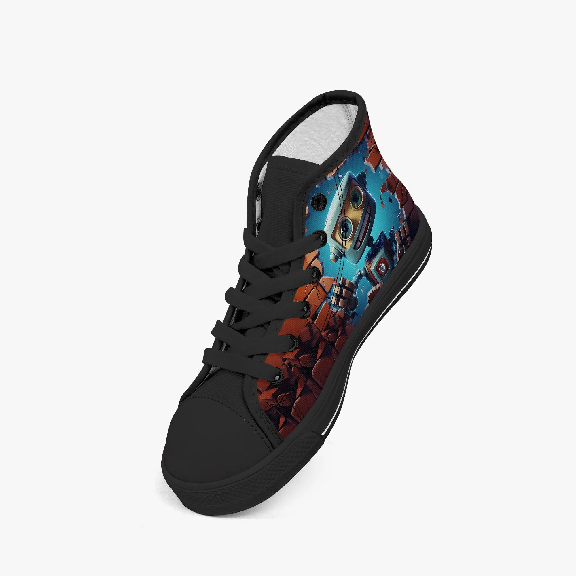 Kid’s High-Top Canvas Shoes-Black Kids' High-Top Canvas Shoes – Cartoon 3D Robot Breaking Through Crack Wall