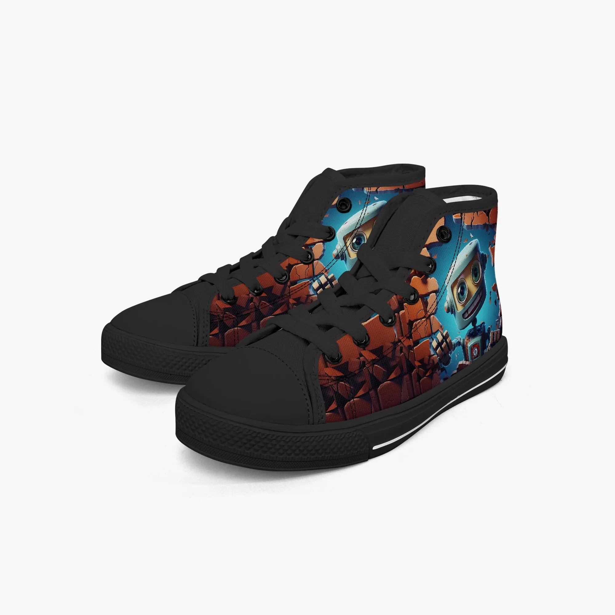 Kid’s High-Top Canvas Shoes-Black Kids' High-Top Canvas Shoes – Cartoon 3D Robot Breaking Through Crack Wall
