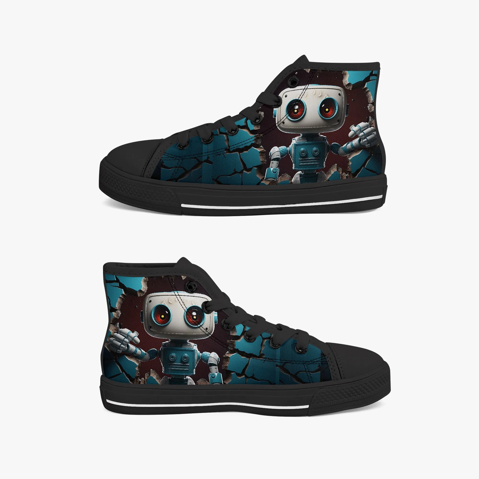 Kid’s High-Top Canvas Shoes-Black Kids' High-Top Canvas Shoes – Cartoon 3D Robot Breaking Through Crack Wall