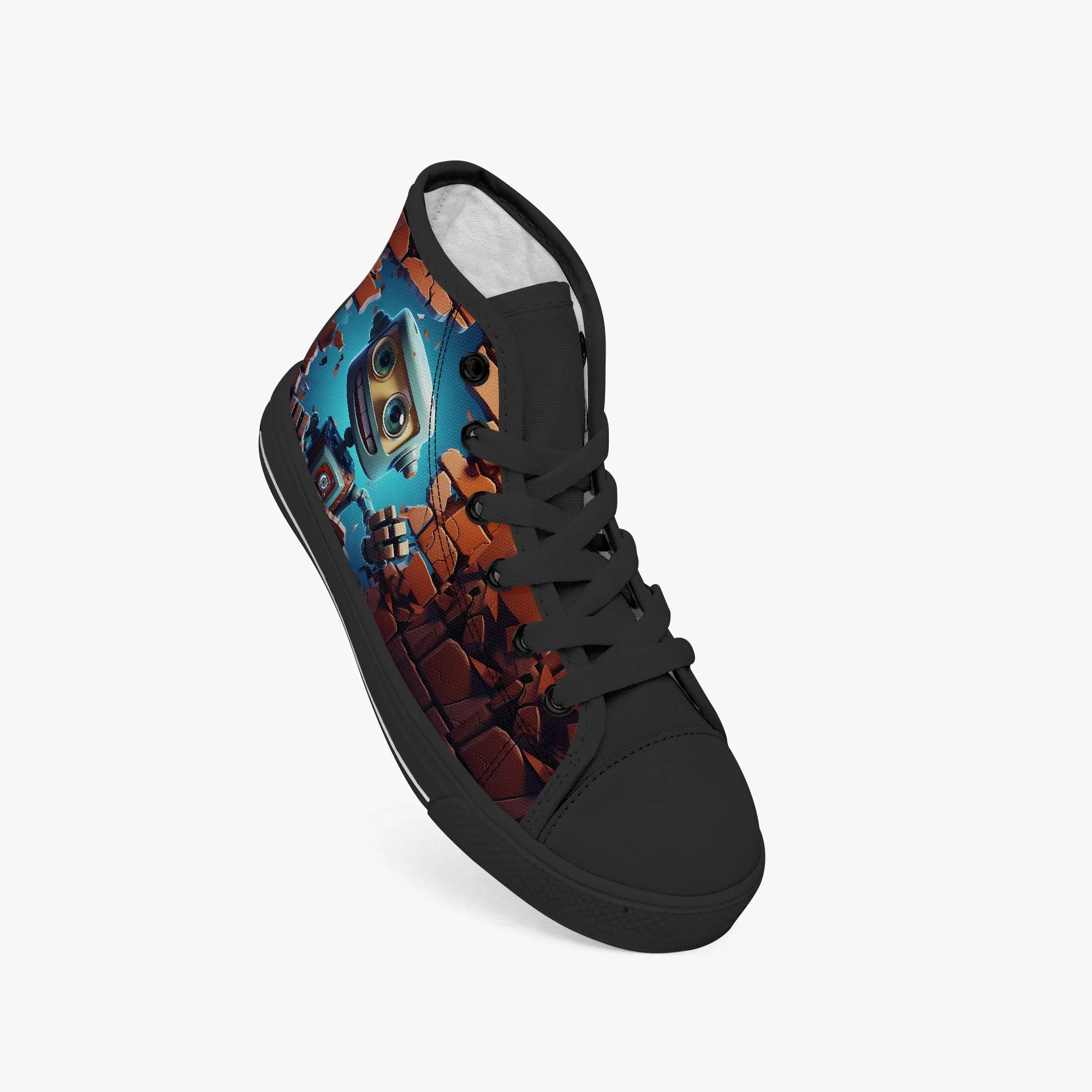 Kid’s High-Top Canvas Shoes-Black Kids' High-Top Canvas Shoes – Cartoon 3D Robot Breaking Through Crack Wall