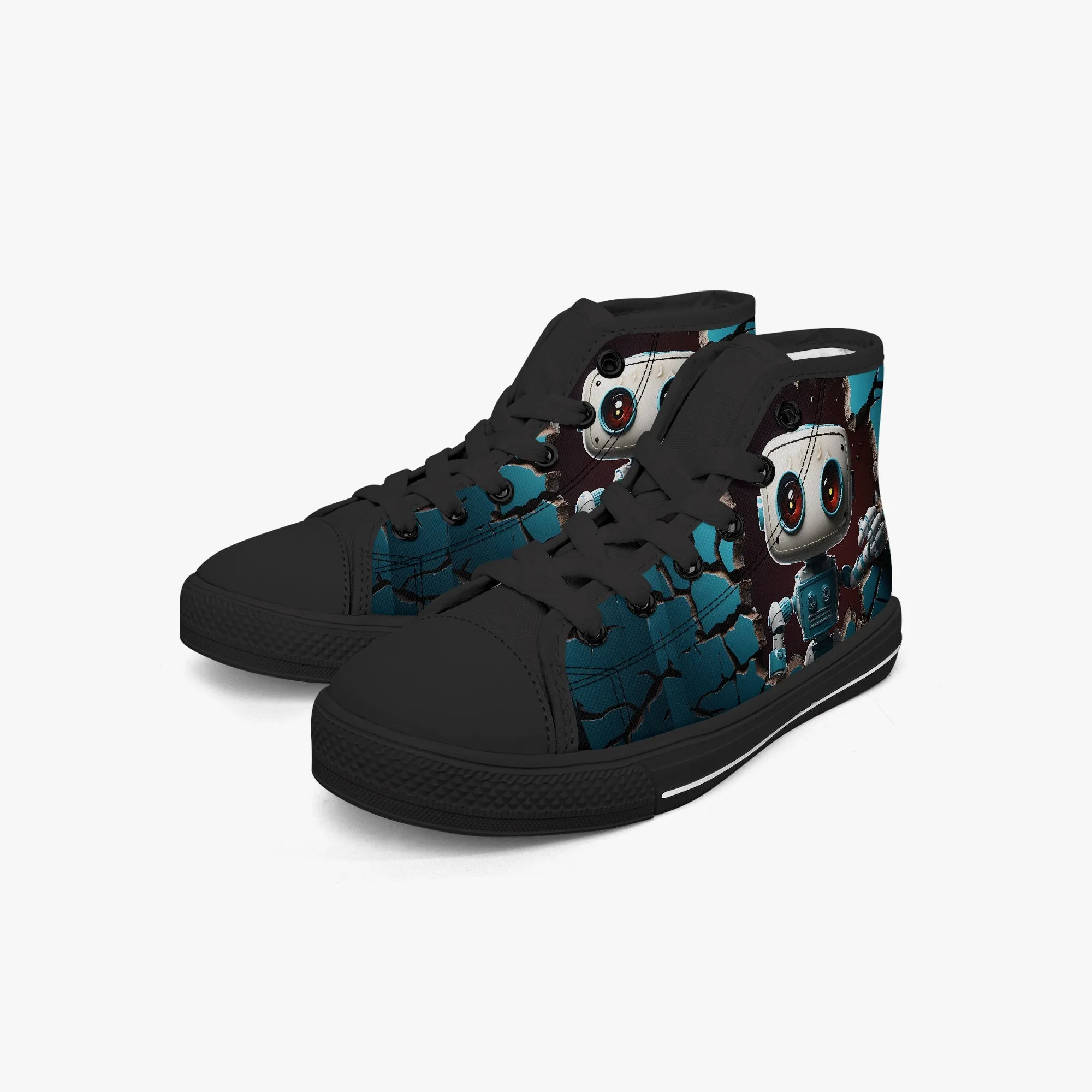 Kid’s High-Top Canvas Shoes-Black Kids' High-Top Canvas Shoes – Cartoon 3D Robot Breaking Through Crack Wall