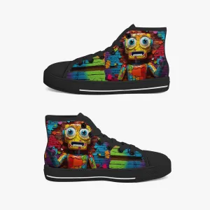 Kid’s High-Top Canvas Shoes-Black Kids' High-Top Canvas Shoes – Cartoon 3D Robot Breaking Through Crack Wall