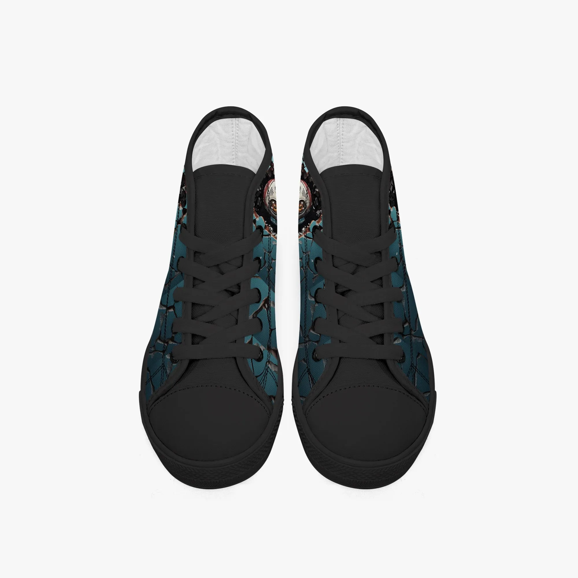 Kid’s High-Top Canvas Shoes-Black Kids' High-Top Canvas Shoes – Cartoon 3D Robot Breaking Through Crack Wall