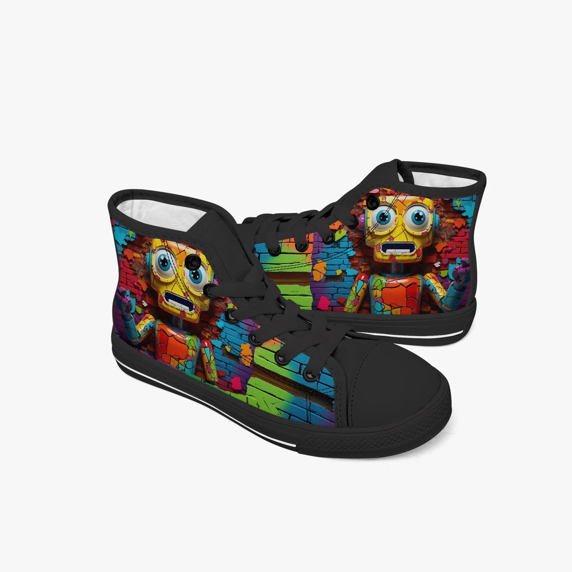 Kid’s High-Top Canvas Shoes-Black Kids' High-Top Canvas Shoes – Cartoon 3D Robot Breaking Through Crack Wall