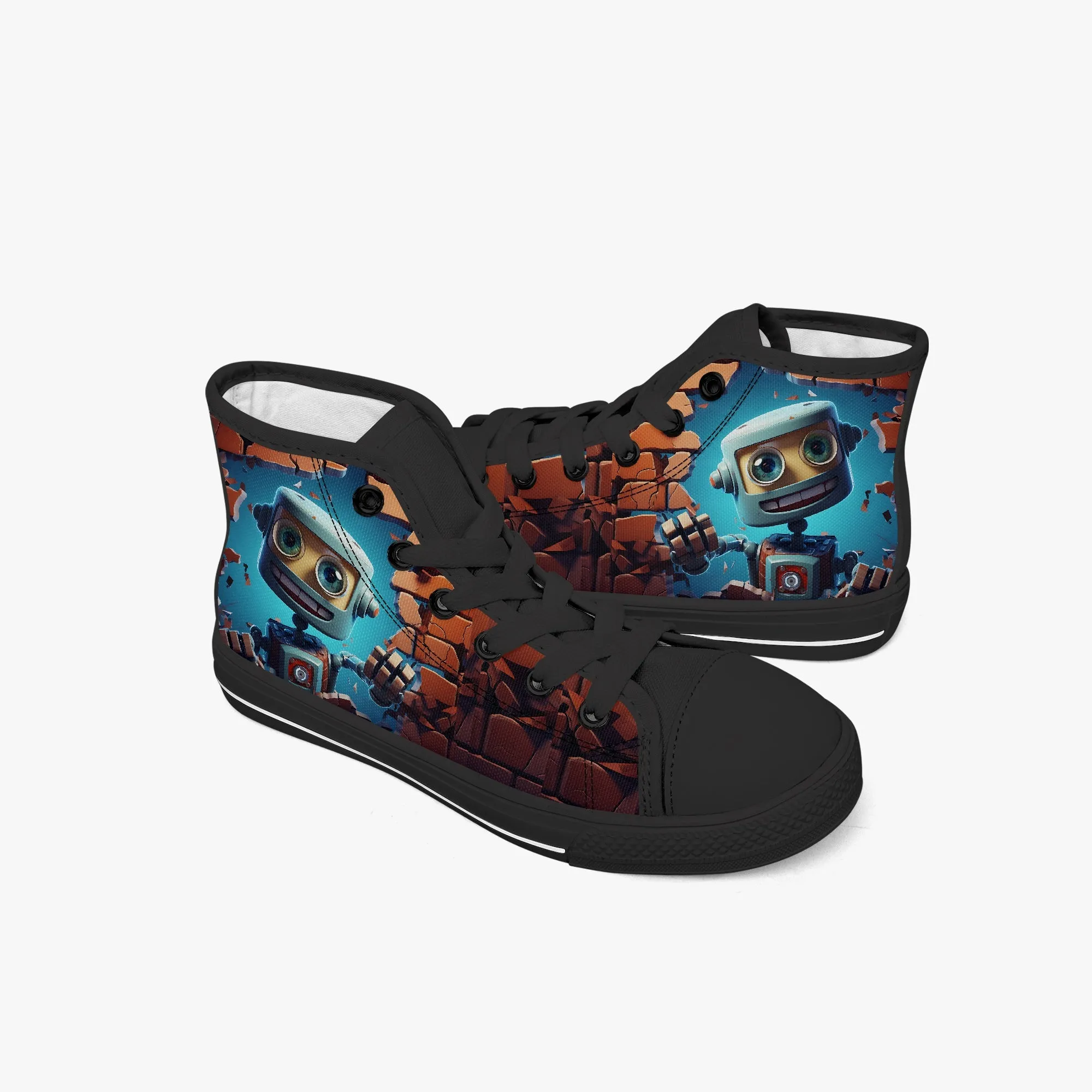 Kid’s High-Top Canvas Shoes-Black Kids' High-Top Canvas Shoes – Cartoon 3D Robot Breaking Through Crack Wall