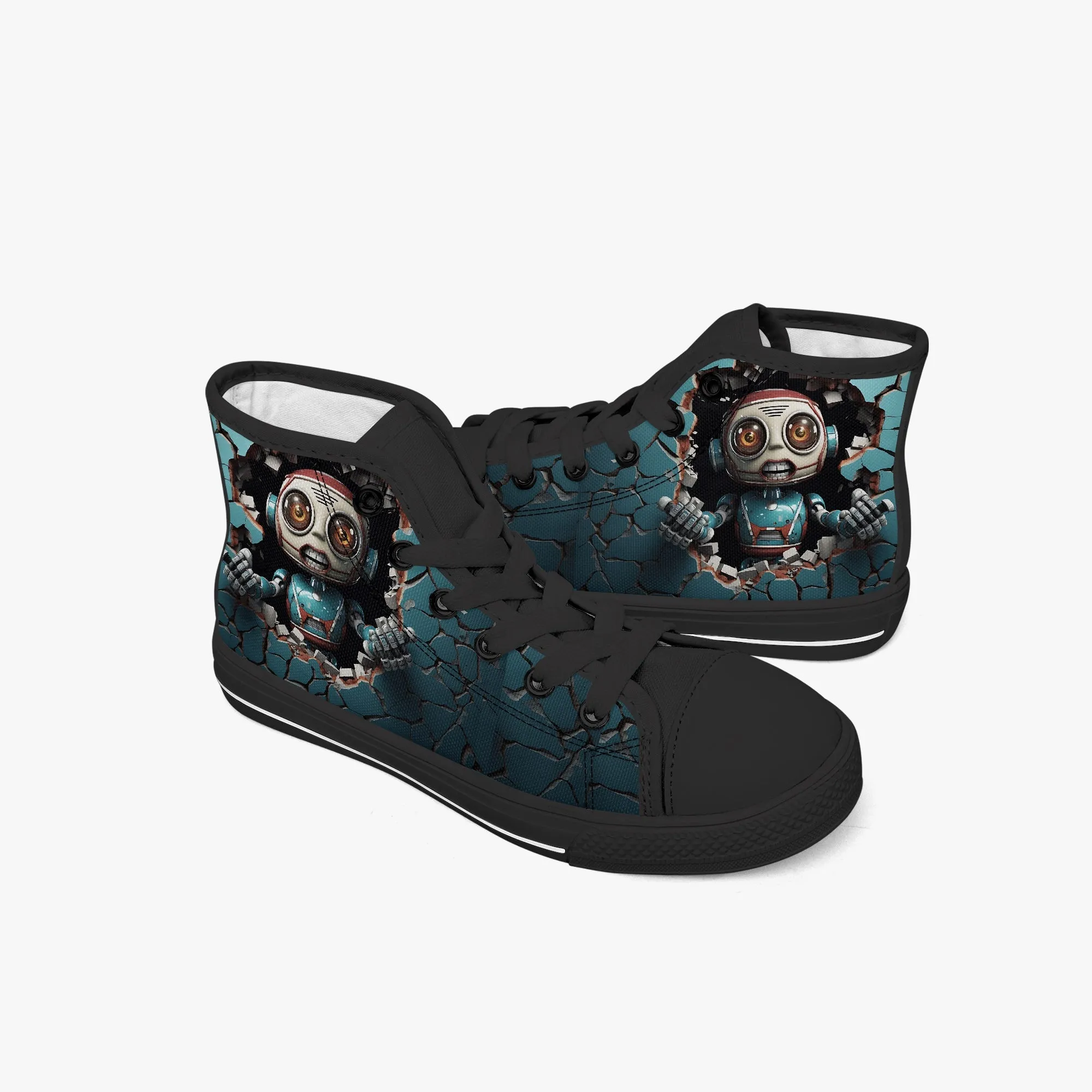 Kid’s High-Top Canvas Shoes-Black Kids' High-Top Canvas Shoes – Cartoon 3D Robot Breaking Through Crack Wall