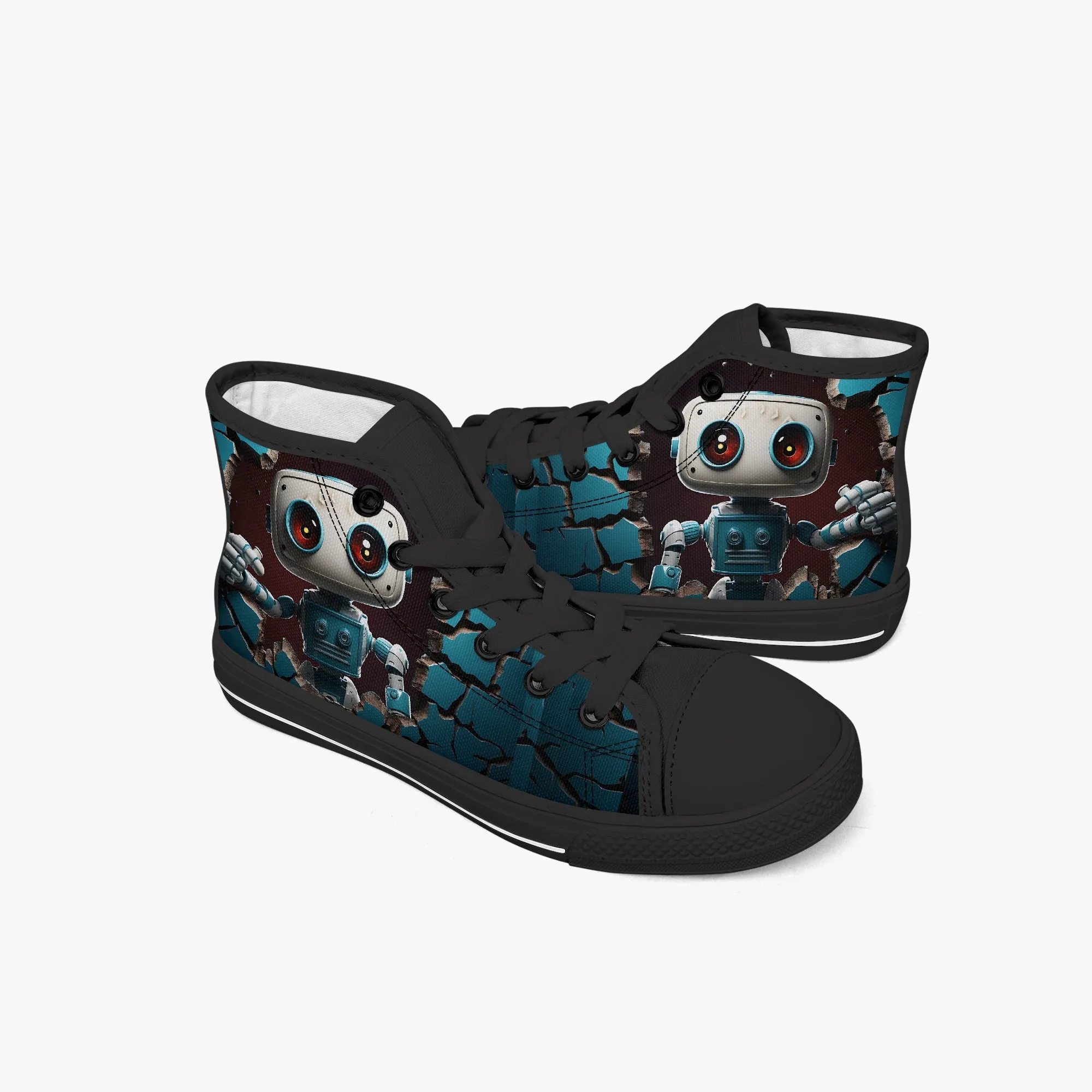 Kid’s High-Top Canvas Shoes-Black Kids' High-Top Canvas Shoes – Cartoon 3D Robot Breaking Through Crack Wall