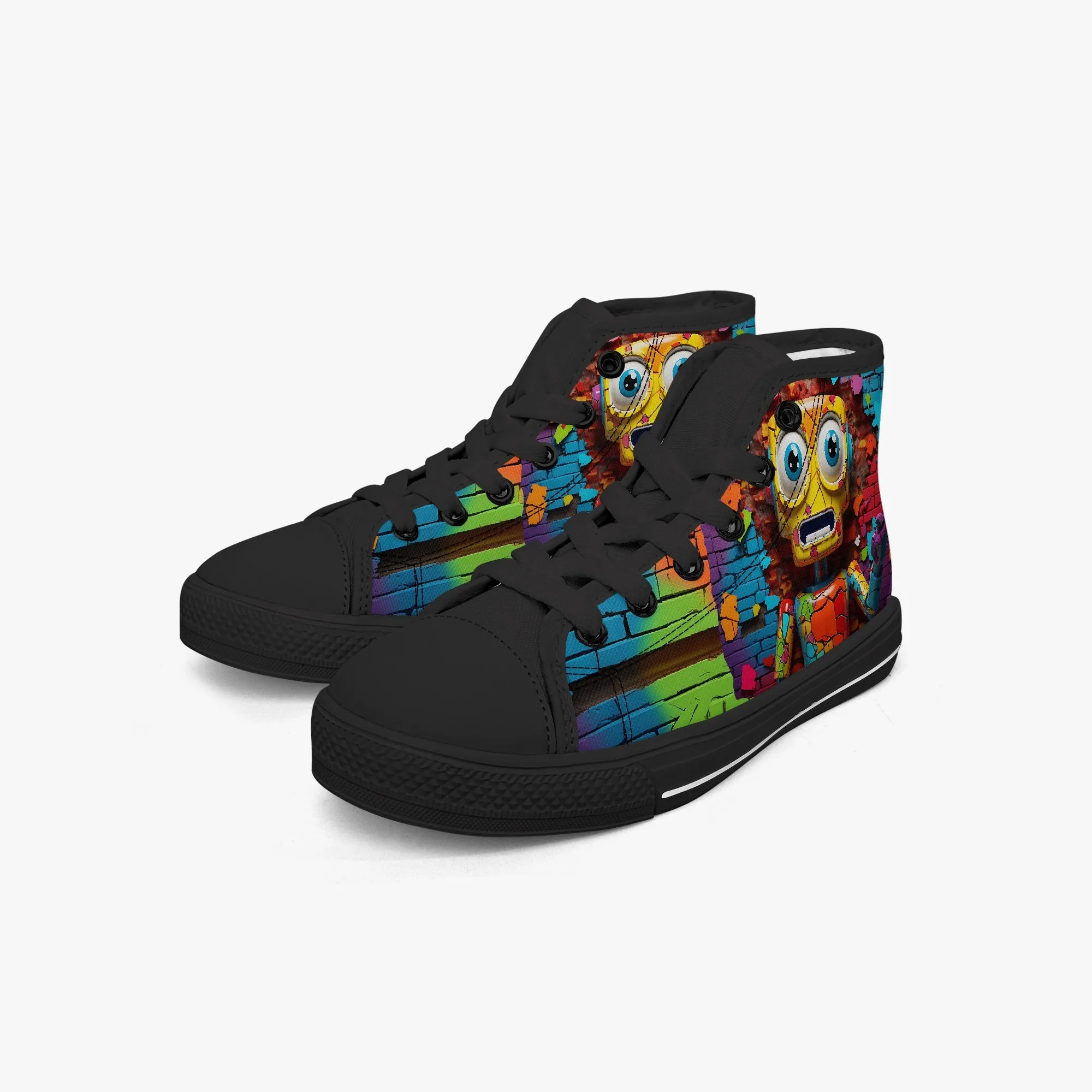 Kid’s High-Top Canvas Shoes-Black Kids' High-Top Canvas Shoes – Cartoon 3D Robot Breaking Through Crack Wall