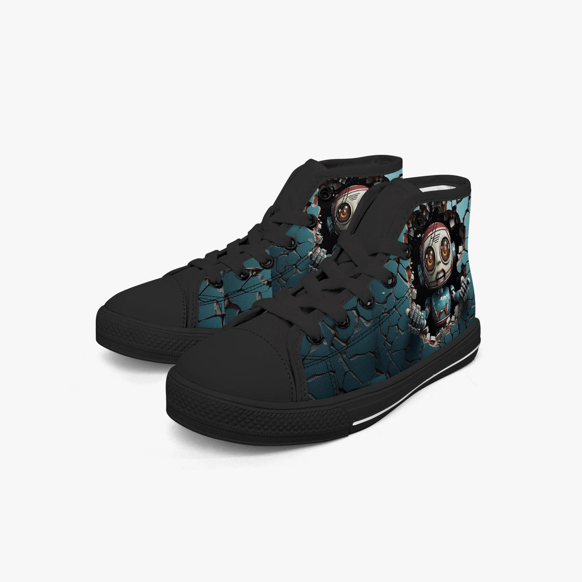 Kid’s High-Top Canvas Shoes-Black Kids' High-Top Canvas Shoes – Cartoon 3D Robot Breaking Through Crack Wall