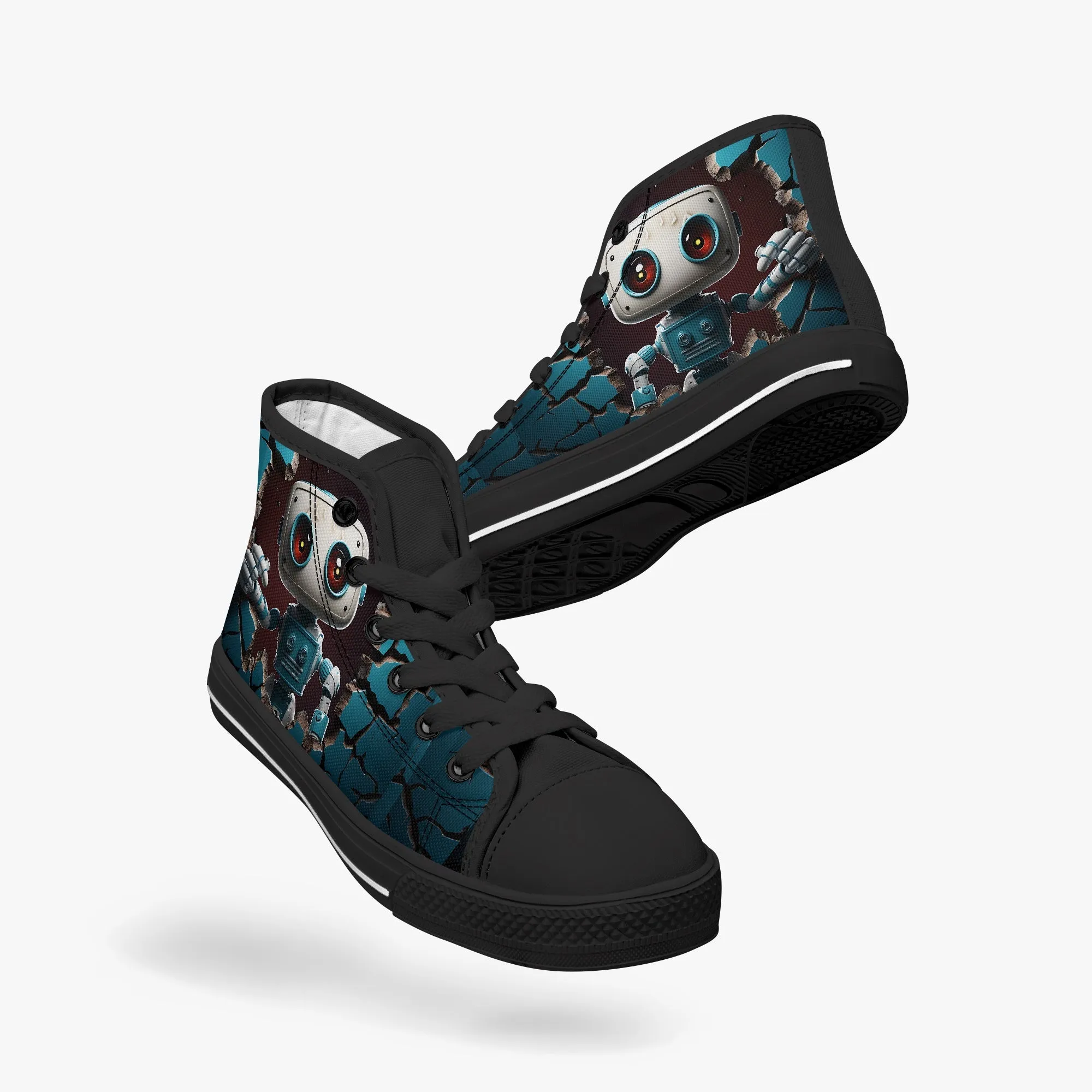 Kid’s High-Top Canvas Shoes-Black Kids' High-Top Canvas Shoes – Cartoon 3D Robot Breaking Through Crack Wall