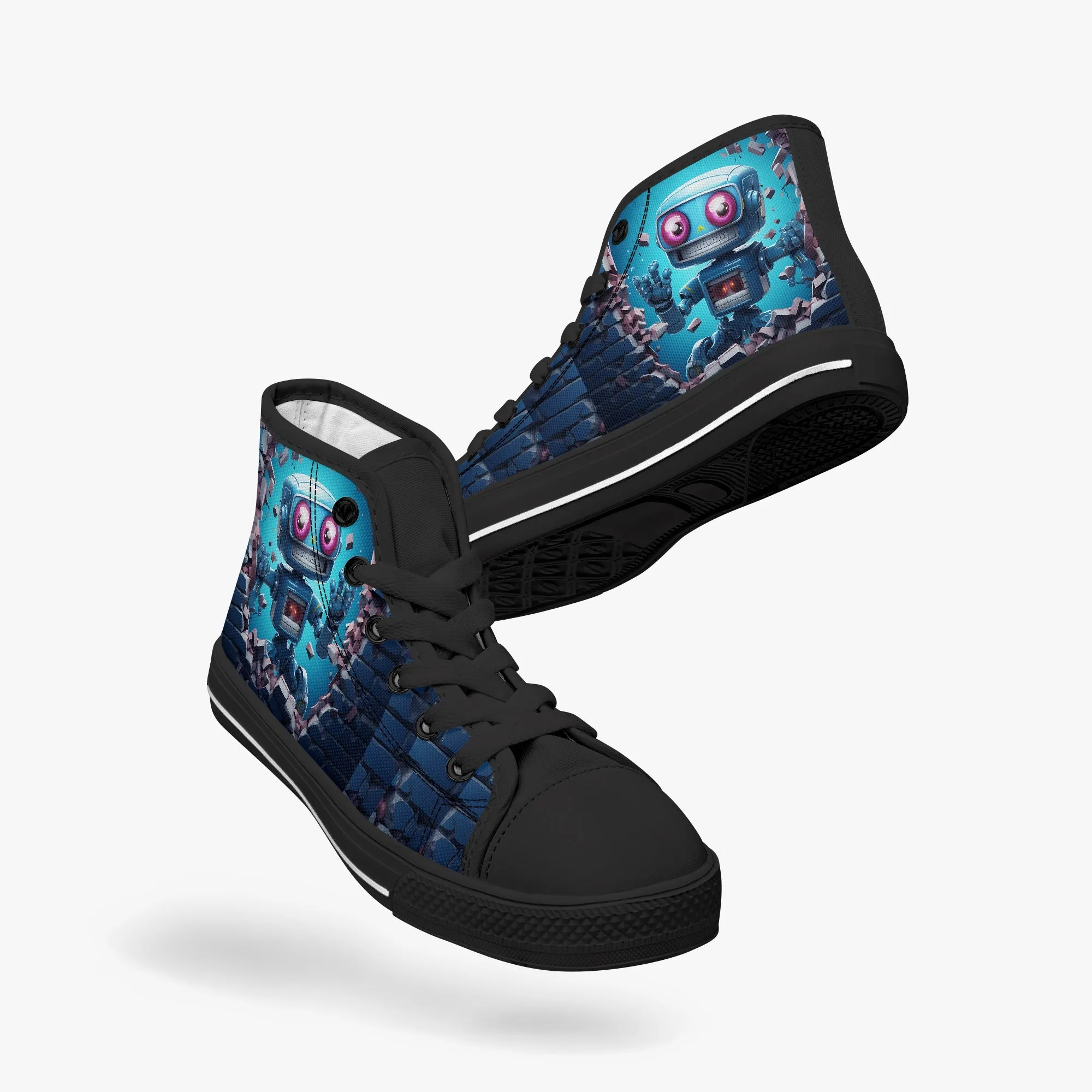 Kid’s High-Top Canvas Shoes-Black Kids' High-Top Canvas Shoes – Cartoon 3D Robot Breaking Through Crack Wall