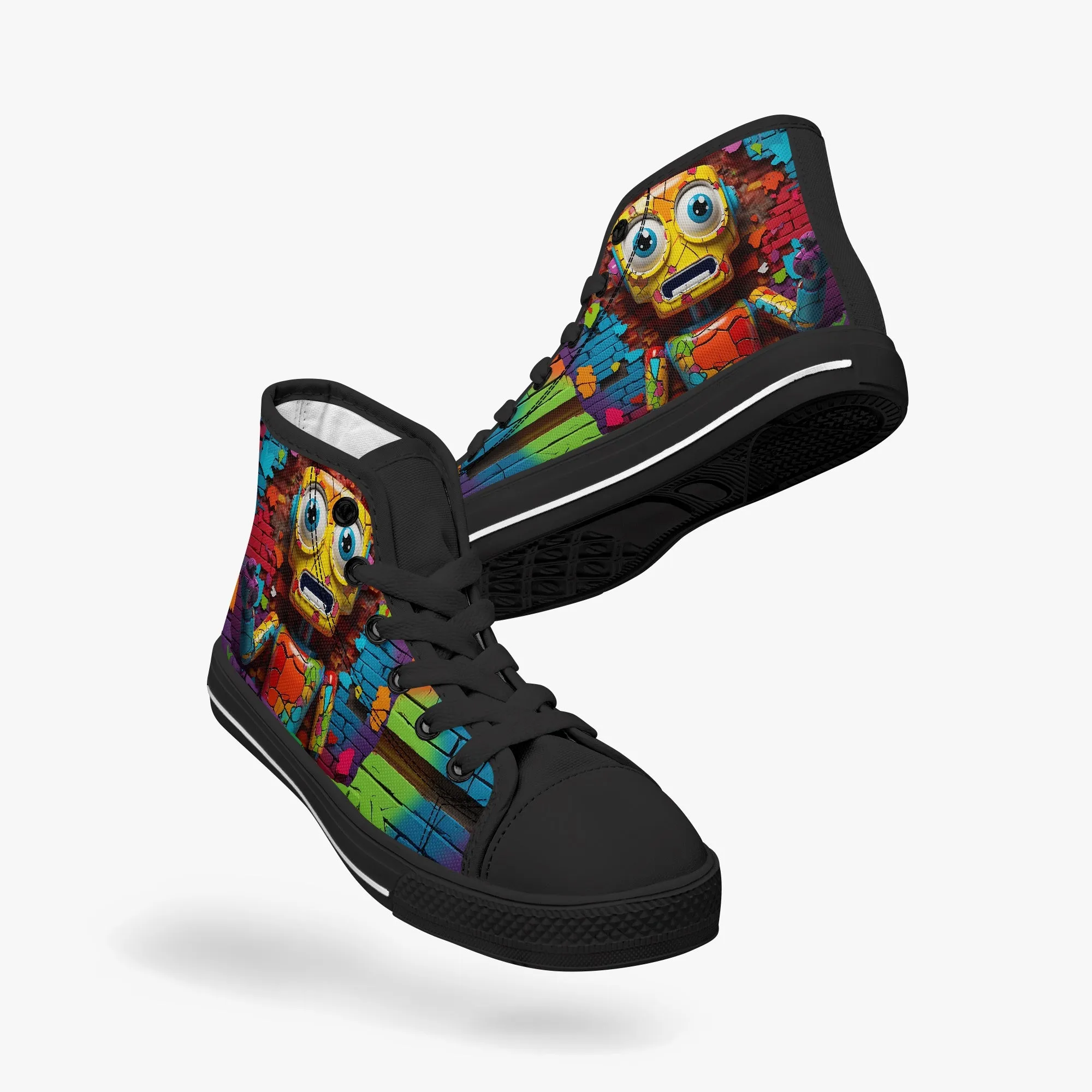 Kid’s High-Top Canvas Shoes-Black Kids' High-Top Canvas Shoes – Cartoon 3D Robot Breaking Through Crack Wall