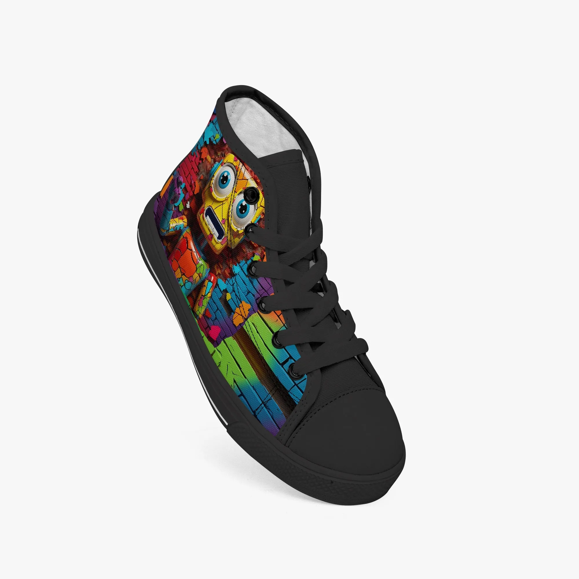 Kid’s High-Top Canvas Shoes-Black Kids' High-Top Canvas Shoes – Cartoon 3D Robot Breaking Through Crack Wall