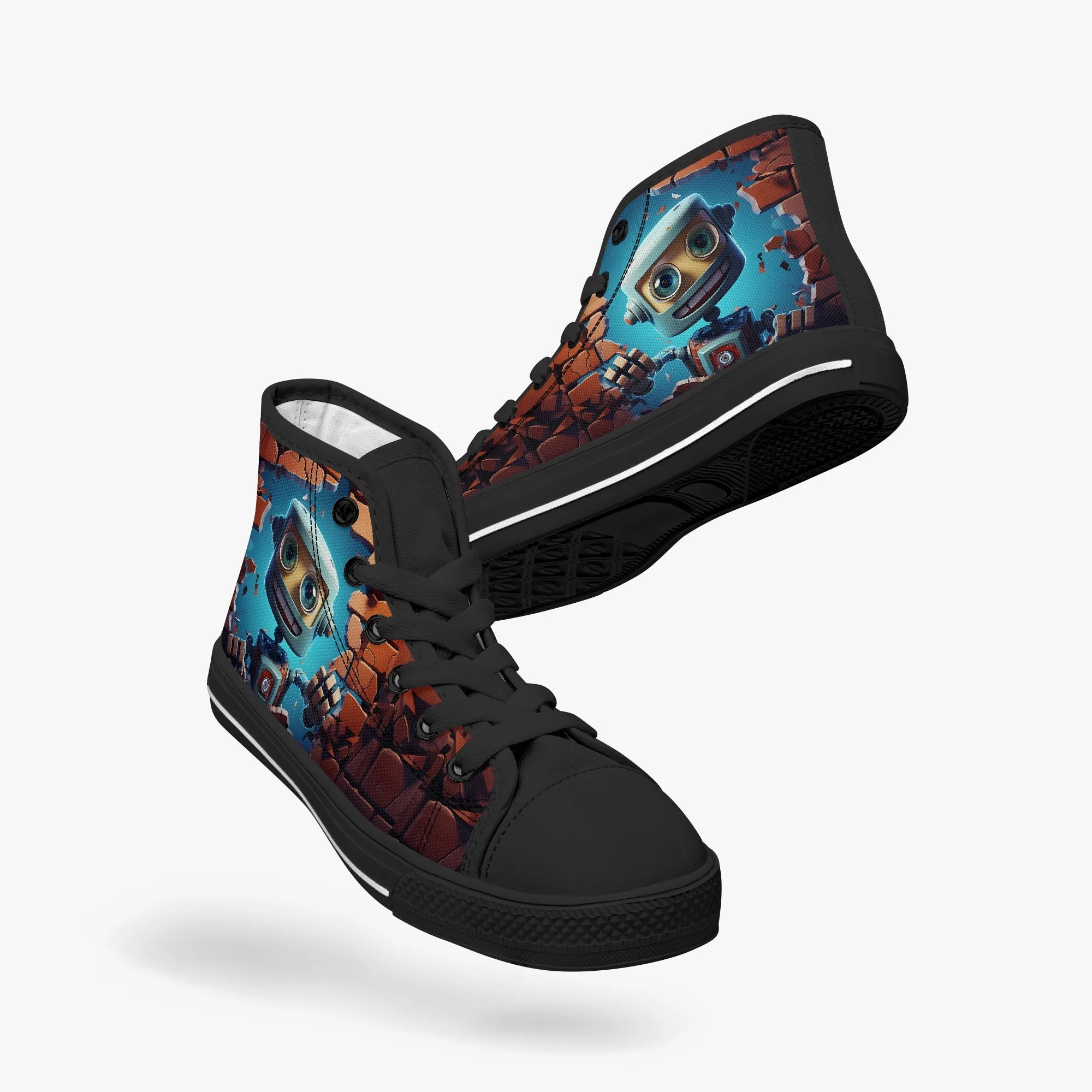 Kid’s High-Top Canvas Shoes-Black Kids' High-Top Canvas Shoes – Cartoon 3D Robot Breaking Through Crack Wall