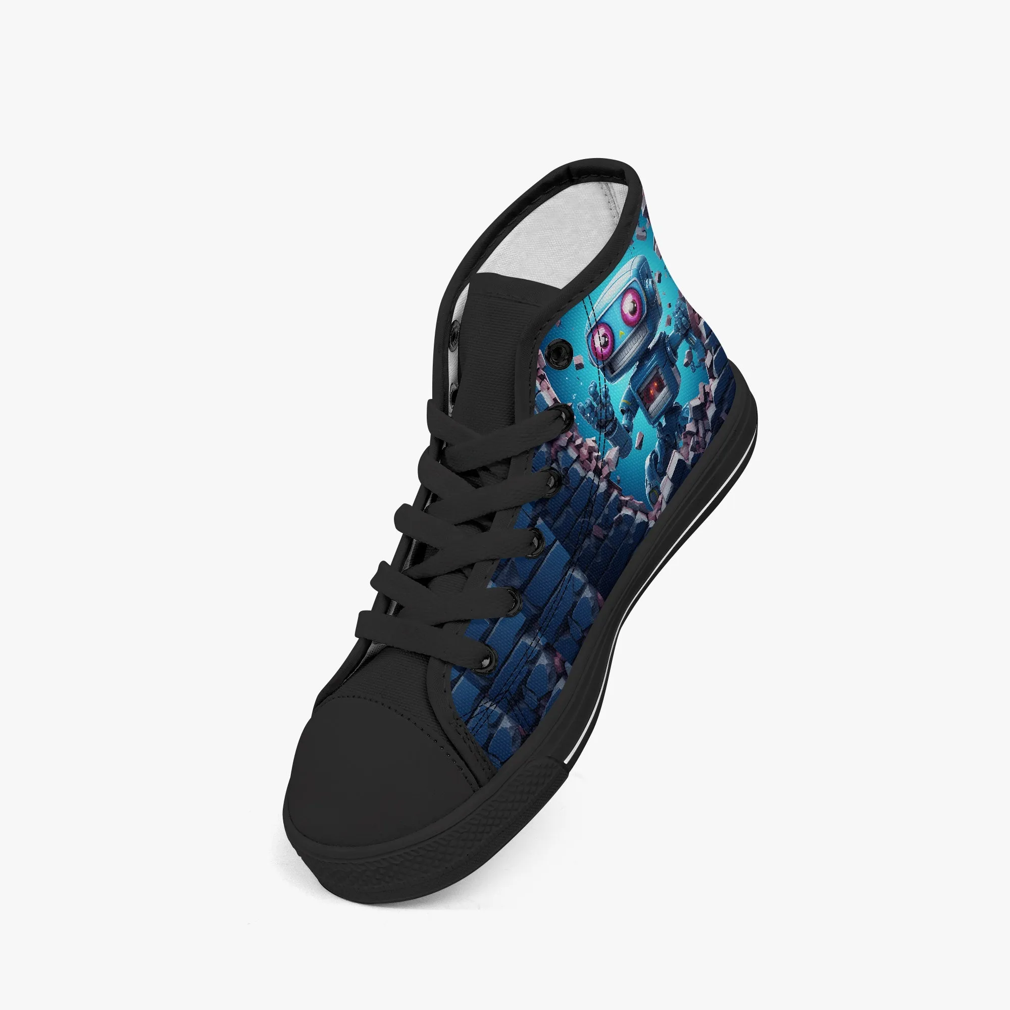 Kid’s High-Top Canvas Shoes-Black Kids' High-Top Canvas Shoes – Cartoon 3D Robot Breaking Through Crack Wall