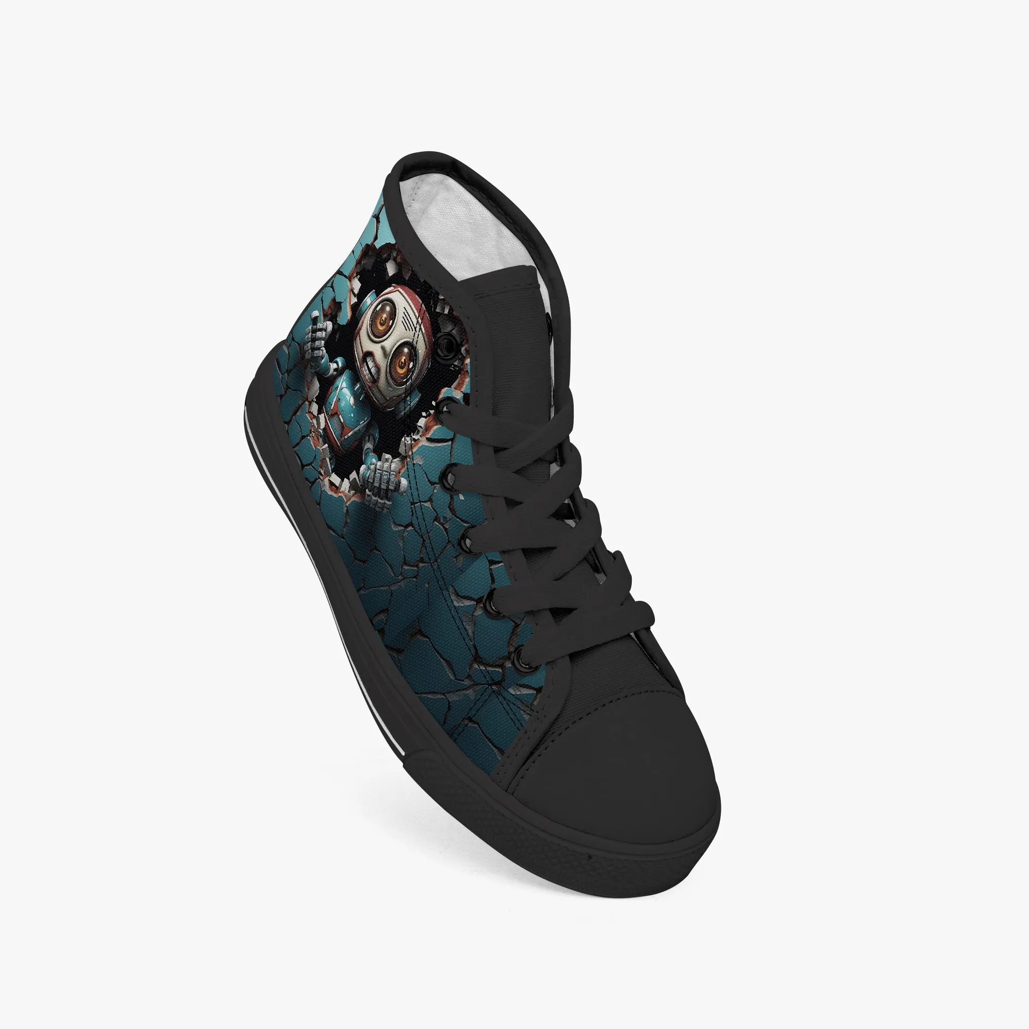 Kid’s High-Top Canvas Shoes-Black Kids' High-Top Canvas Shoes – Cartoon 3D Robot Breaking Through Crack Wall