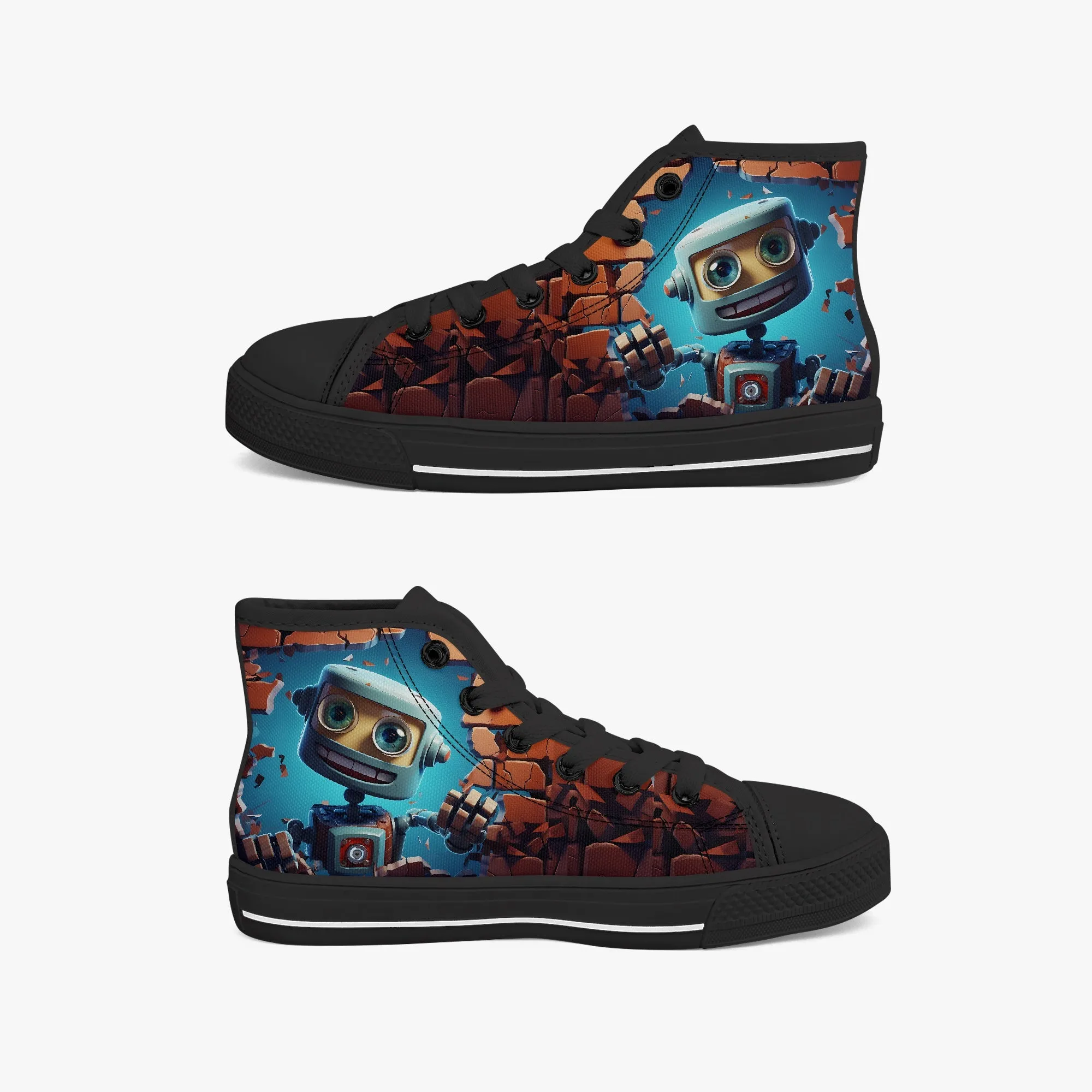 Kid’s High-Top Canvas Shoes-Black Kids' High-Top Canvas Shoes – Cartoon 3D Robot Breaking Through Crack Wall
