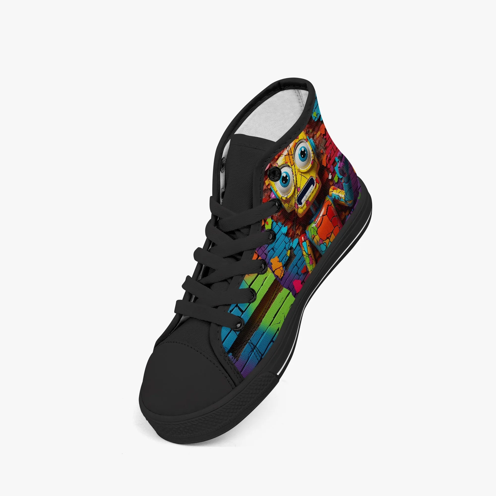 Kid’s High-Top Canvas Shoes-Black Kids' High-Top Canvas Shoes – Cartoon 3D Robot Breaking Through Crack Wall