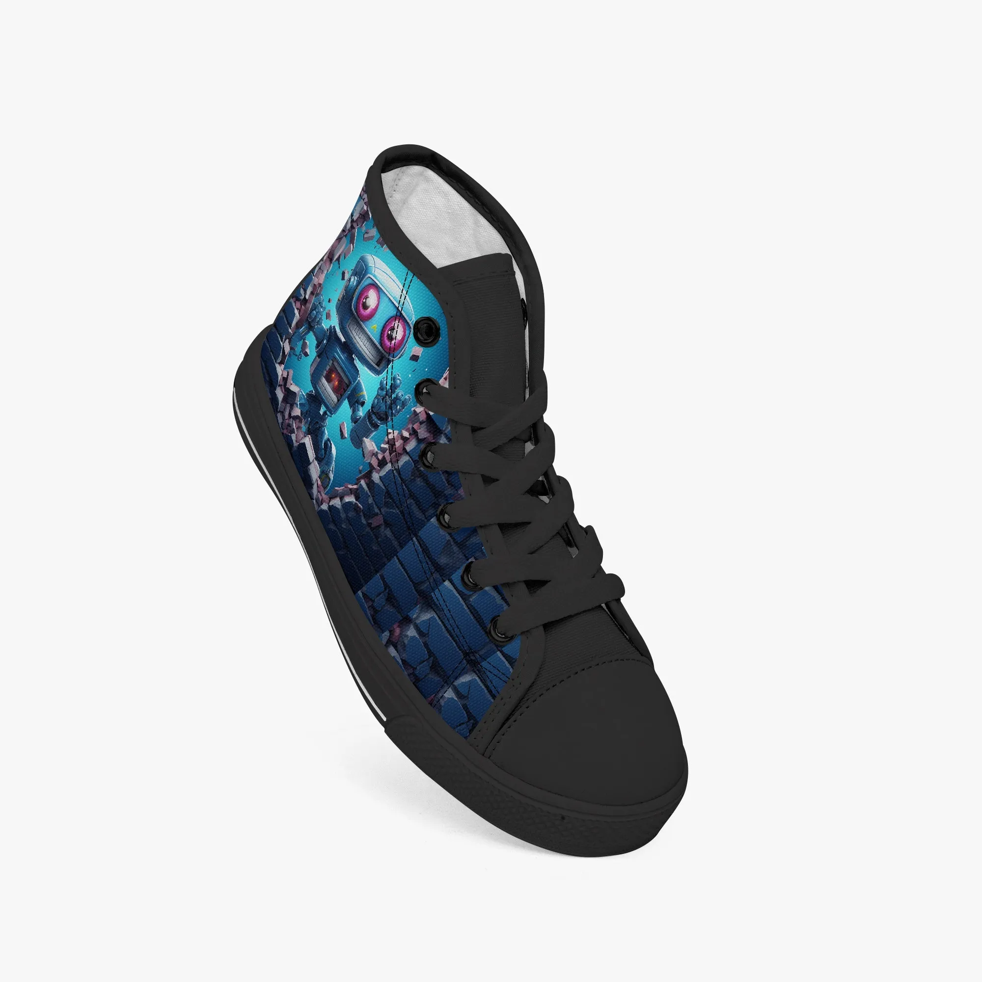 Kid’s High-Top Canvas Shoes-Black Kids' High-Top Canvas Shoes – Cartoon 3D Robot Breaking Through Crack Wall