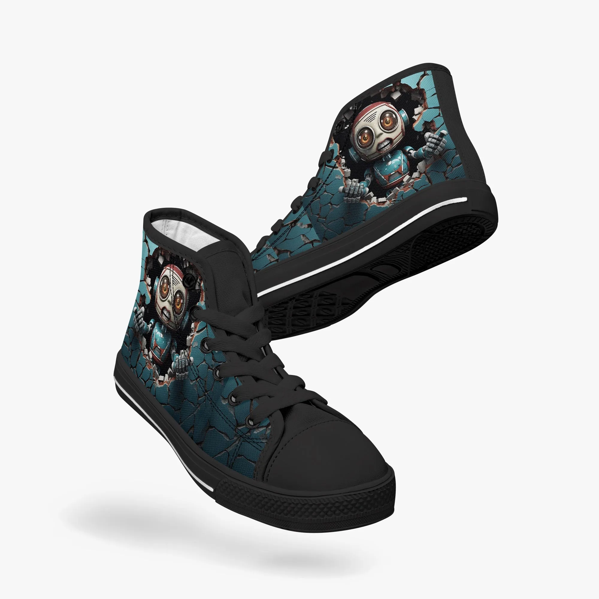 Kid’s High-Top Canvas Shoes-Black Kids' High-Top Canvas Shoes – Cartoon 3D Robot Breaking Through Crack Wall
