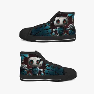 Kid’s High-Top Canvas Shoes-Black Kids' High-Top Canvas Shoes – Cartoon 3D Robot Breaking Through Crack Wall