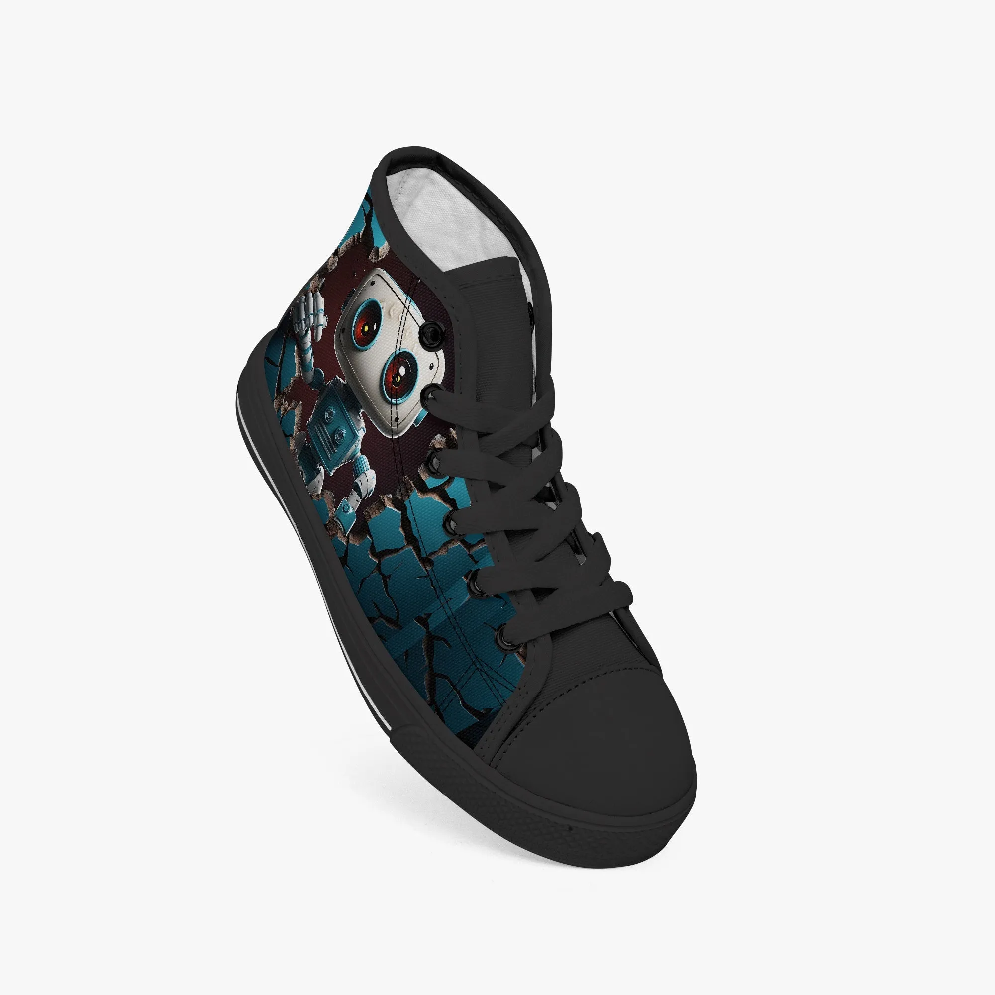 Kid’s High-Top Canvas Shoes-Black Kids' High-Top Canvas Shoes – Cartoon 3D Robot Breaking Through Crack Wall