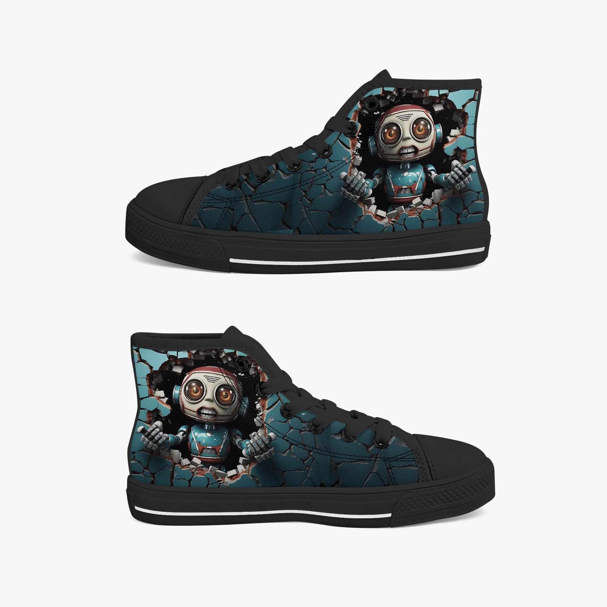 Kid’s High-Top Canvas Shoes-Black Kids' High-Top Canvas Shoes – Cartoon 3D Robot Breaking Through Crack Wall
