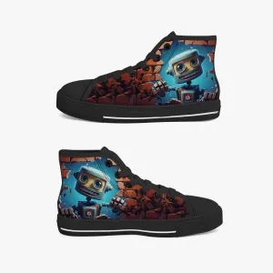 Kid’s High-Top Canvas Shoes-Black Kids' High-Top Canvas Shoes – Cartoon 3D Robot Breaking Through Crack Wall