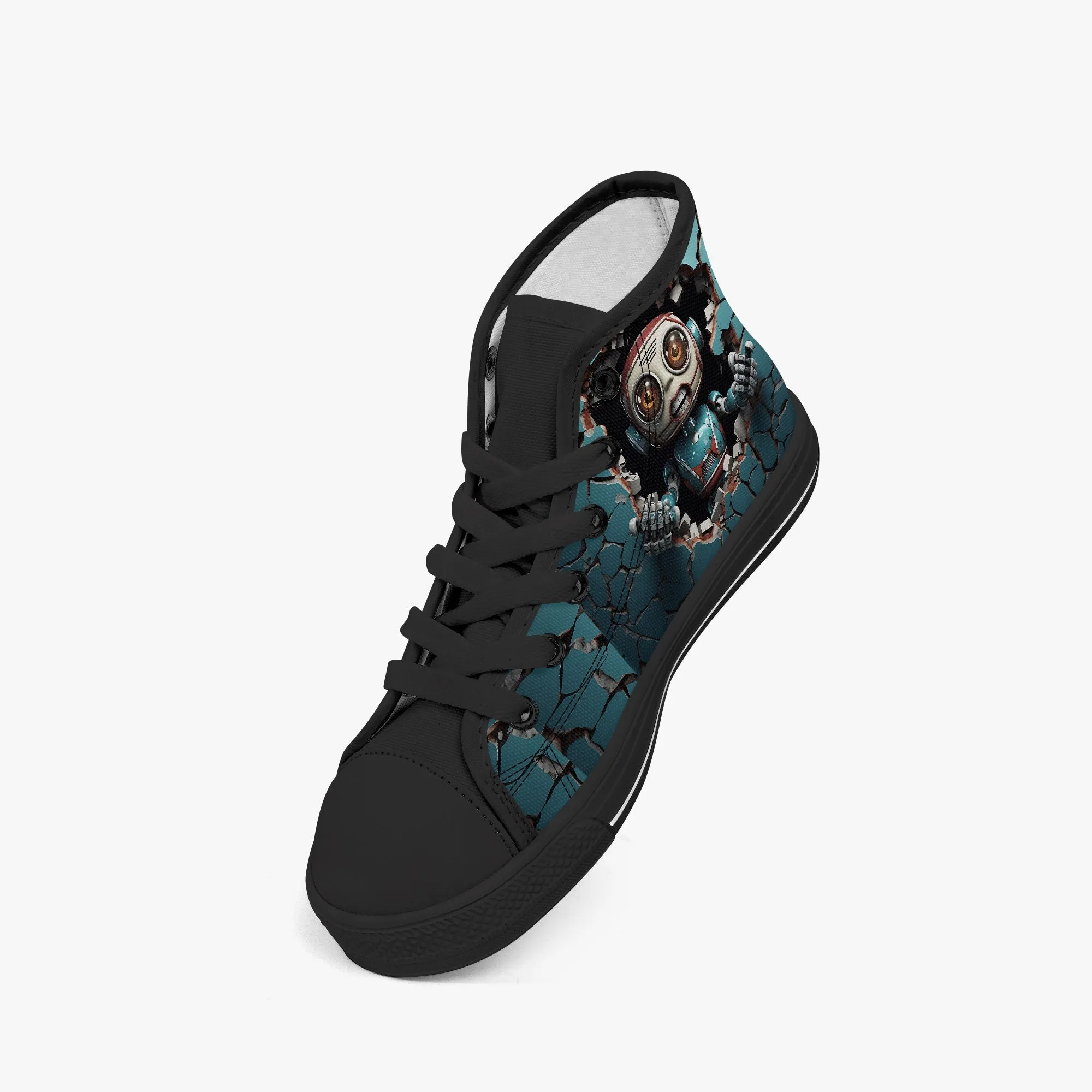 Kid’s High-Top Canvas Shoes-Black Kids' High-Top Canvas Shoes – Cartoon 3D Robot Breaking Through Crack Wall