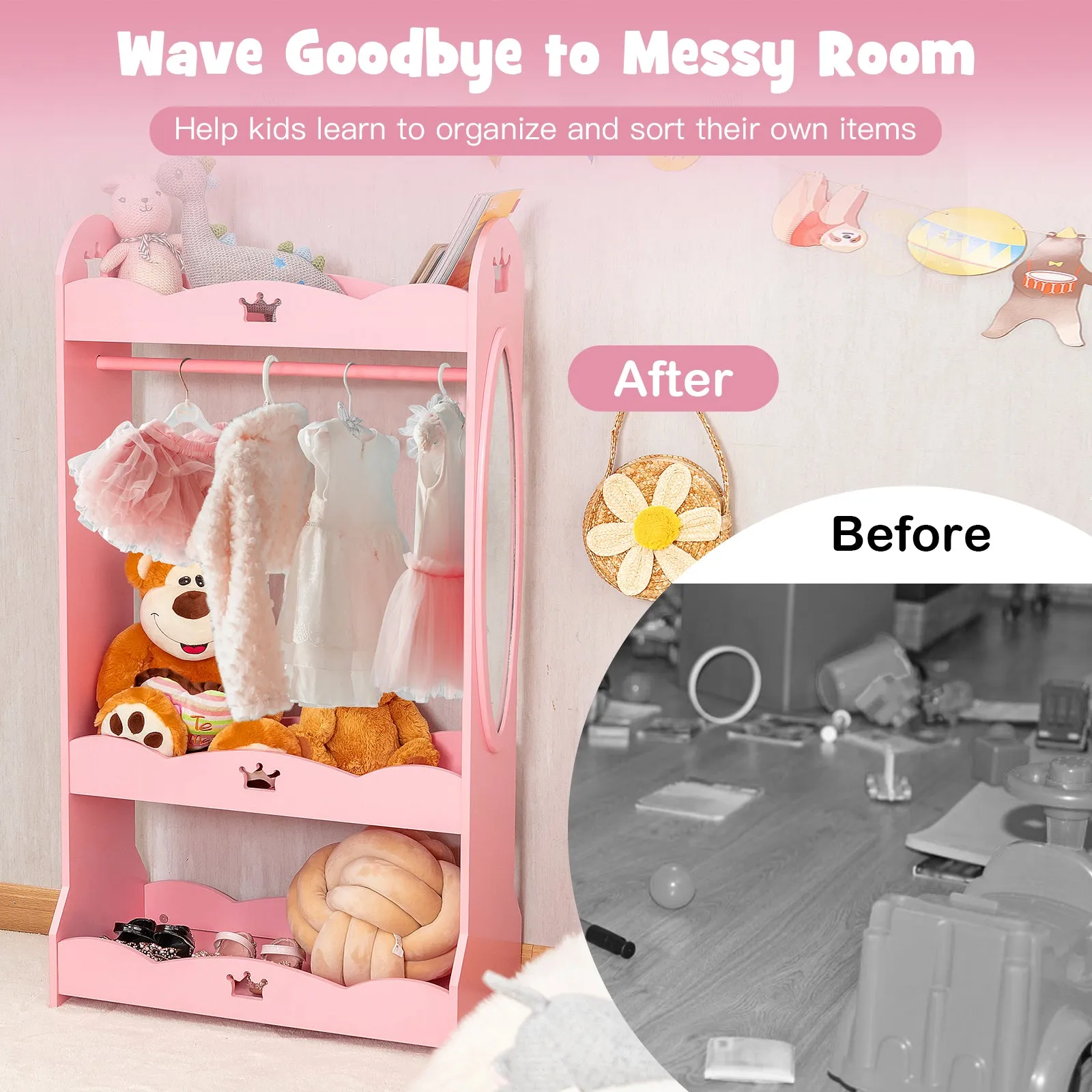 Kids Pretend Costume Closet with Mirror-Pink