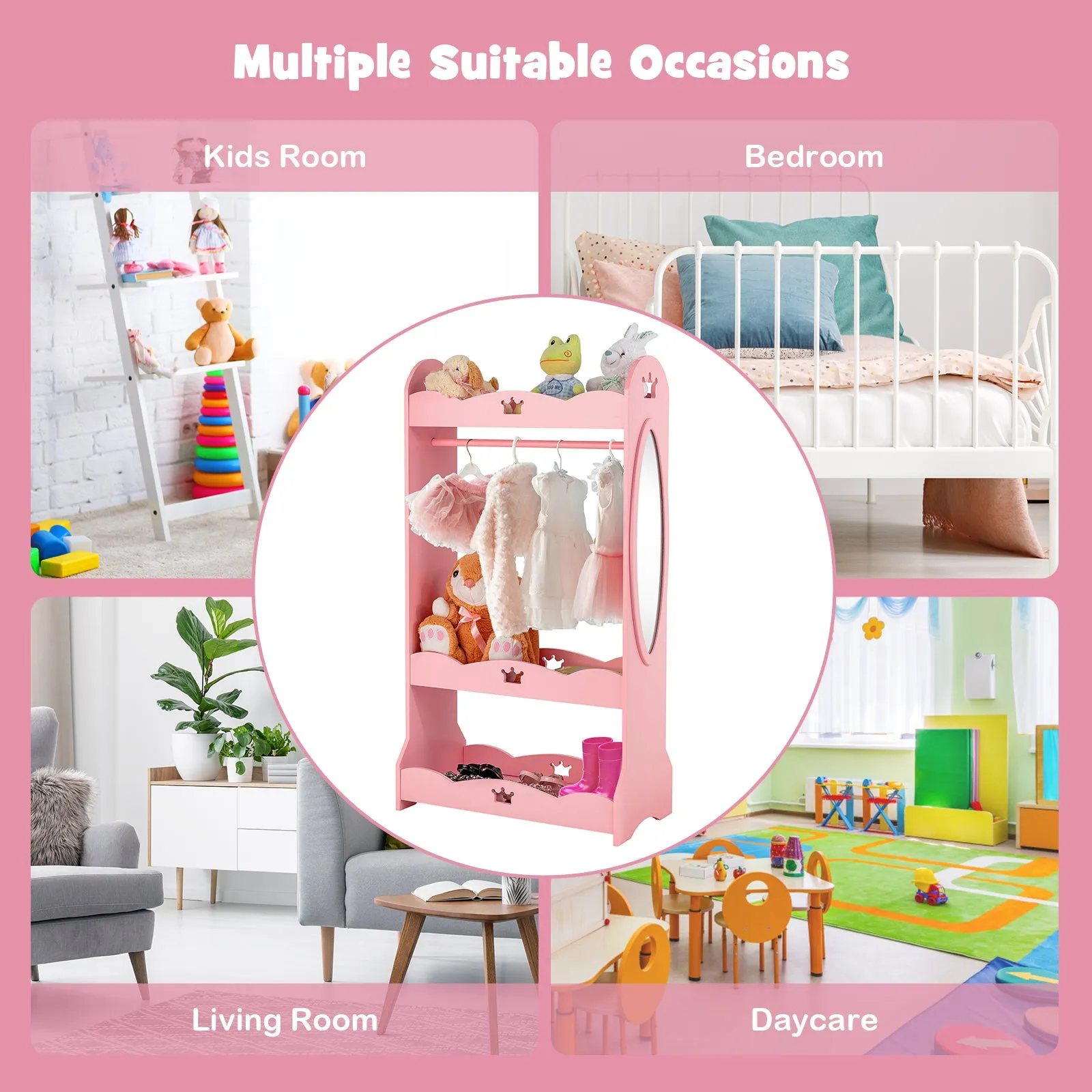 Kids Pretend Costume Closet with Mirror-Pink