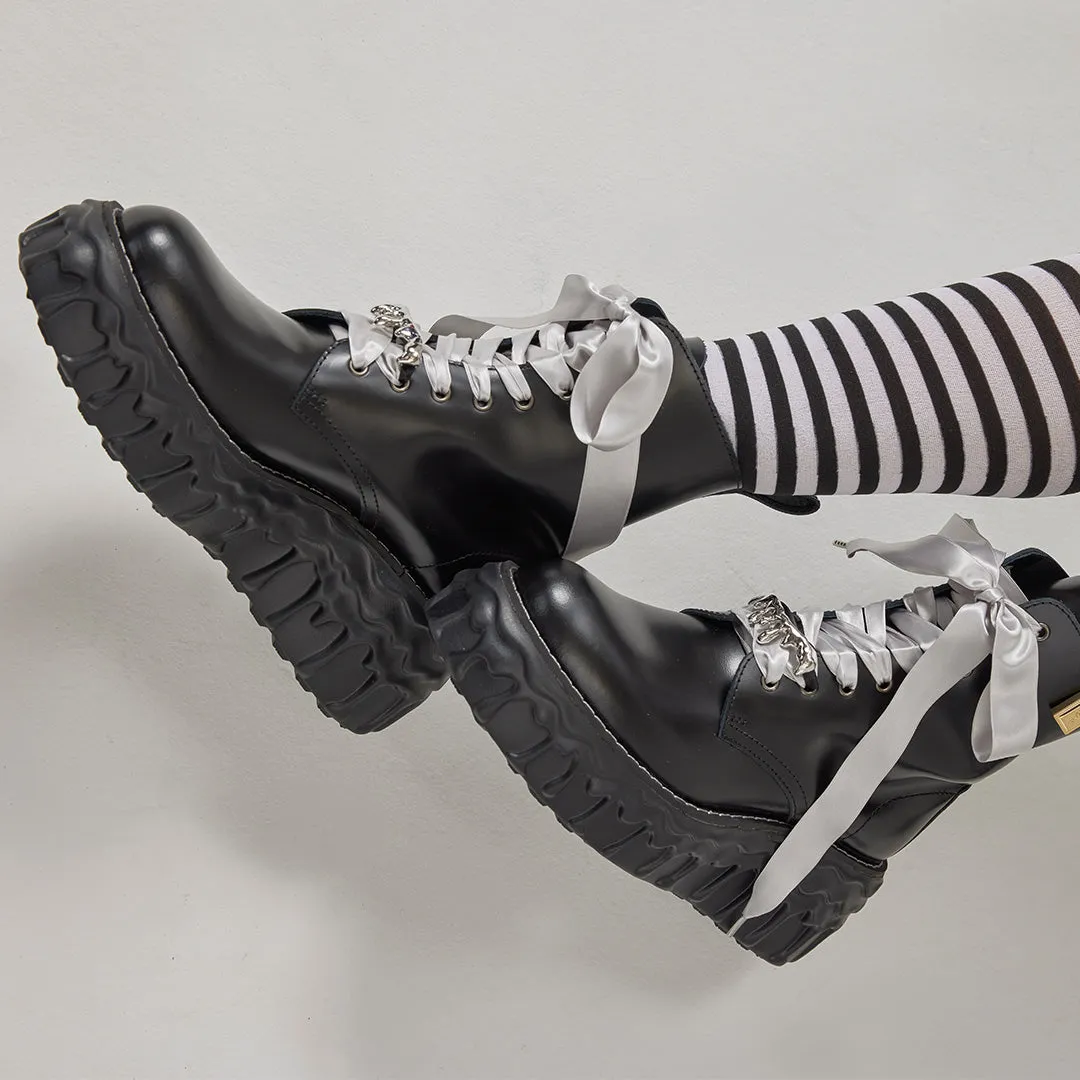 Melting Chocolate Satin Ribbon Lace Up Leather Boots (Black)【Japan Jewelry】