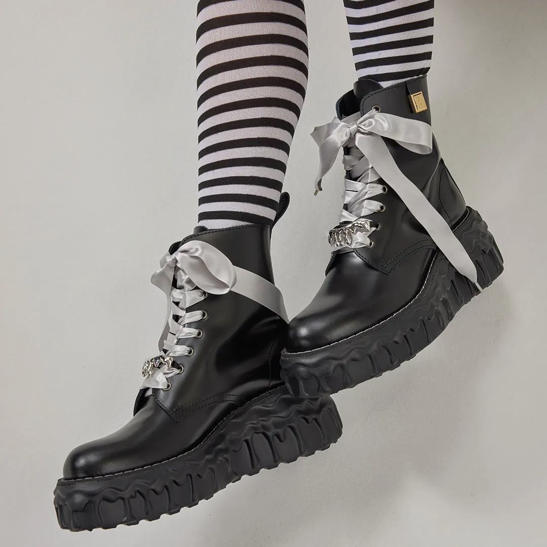 Melting Chocolate Satin Ribbon Lace Up Leather Boots (Black)【Japan Jewelry】