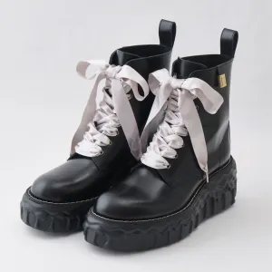 Melting Chocolate Satin Ribbon Lace Up Leather Boots (Black)【Japan Jewelry】