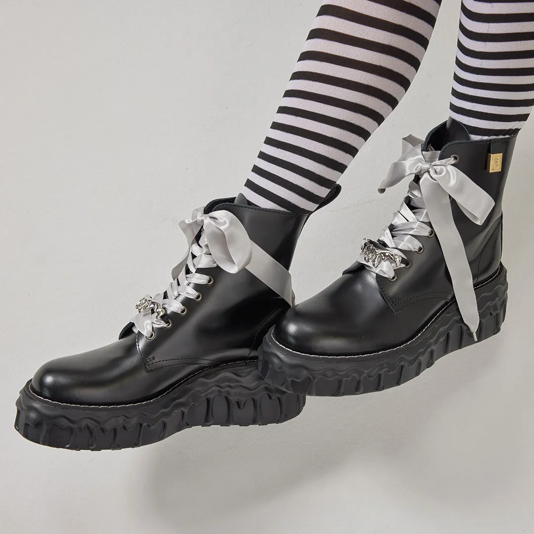 Melting Chocolate Satin Ribbon Lace Up Leather Boots (Black)【Japan Jewelry】