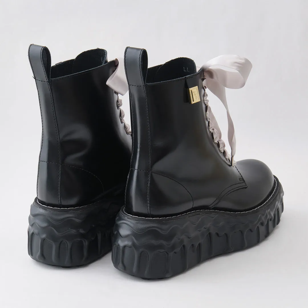 Melting Chocolate Satin Ribbon Lace Up Leather Boots (Black)【Japan Jewelry】