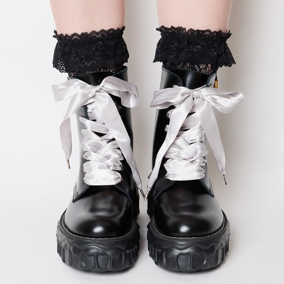 Melting Chocolate Satin Ribbon Lace Up Leather Boots (Black)【Japan Jewelry】