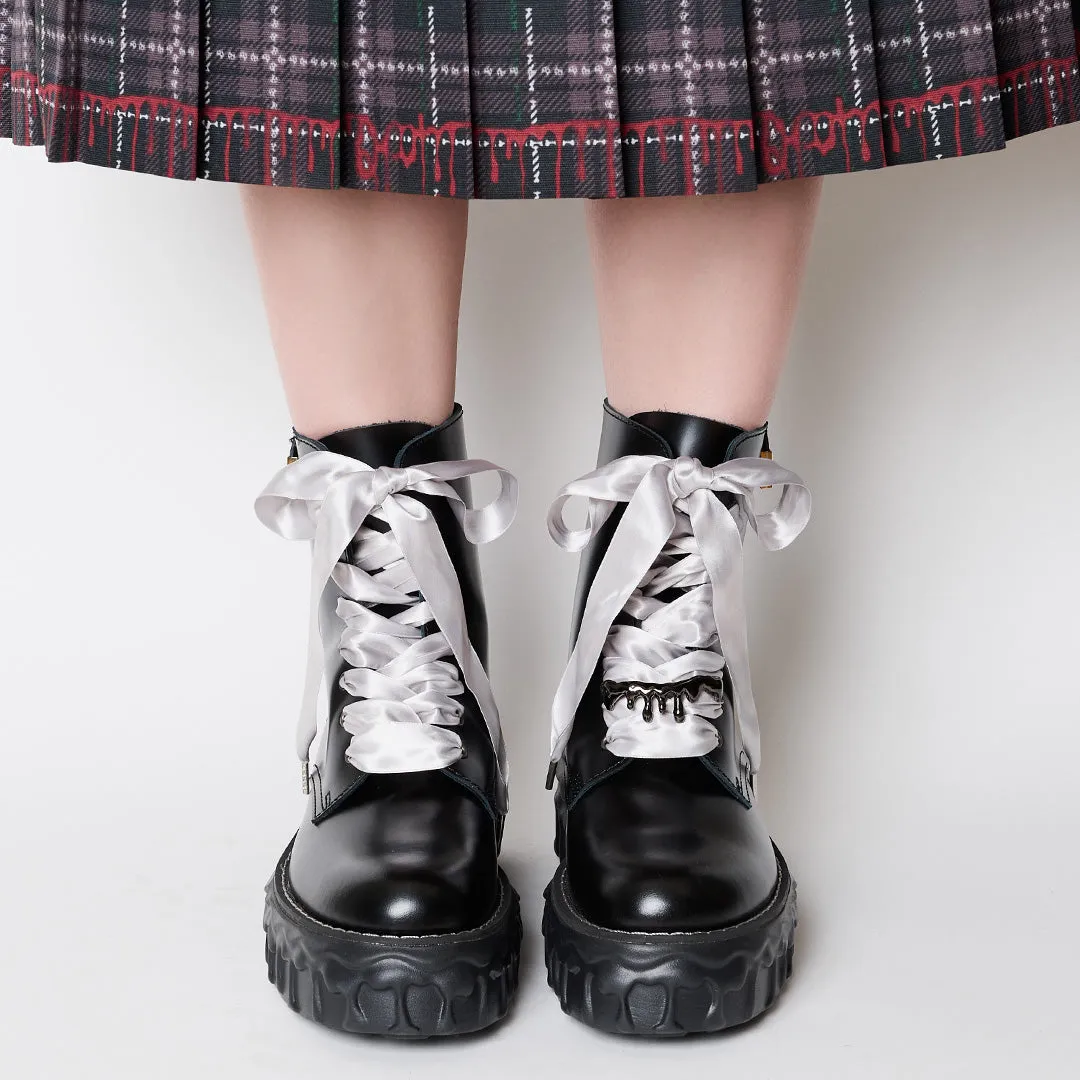 Melting Chocolate Satin Ribbon Lace Up Leather Boots (Black)【Japan Jewelry】