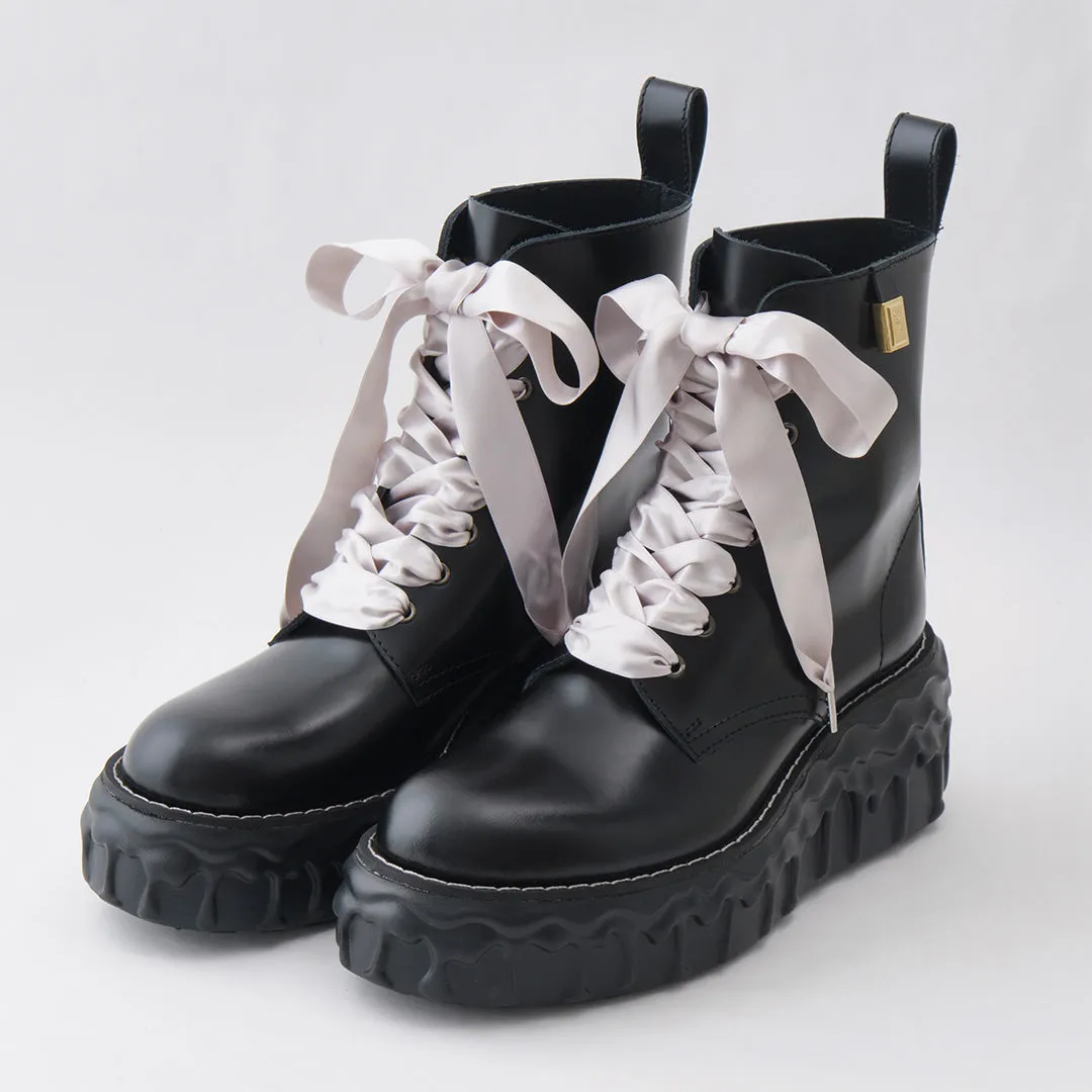 Melting Chocolate Satin Ribbon Lace Up Leather Boots (Black)【Japan Jewelry】