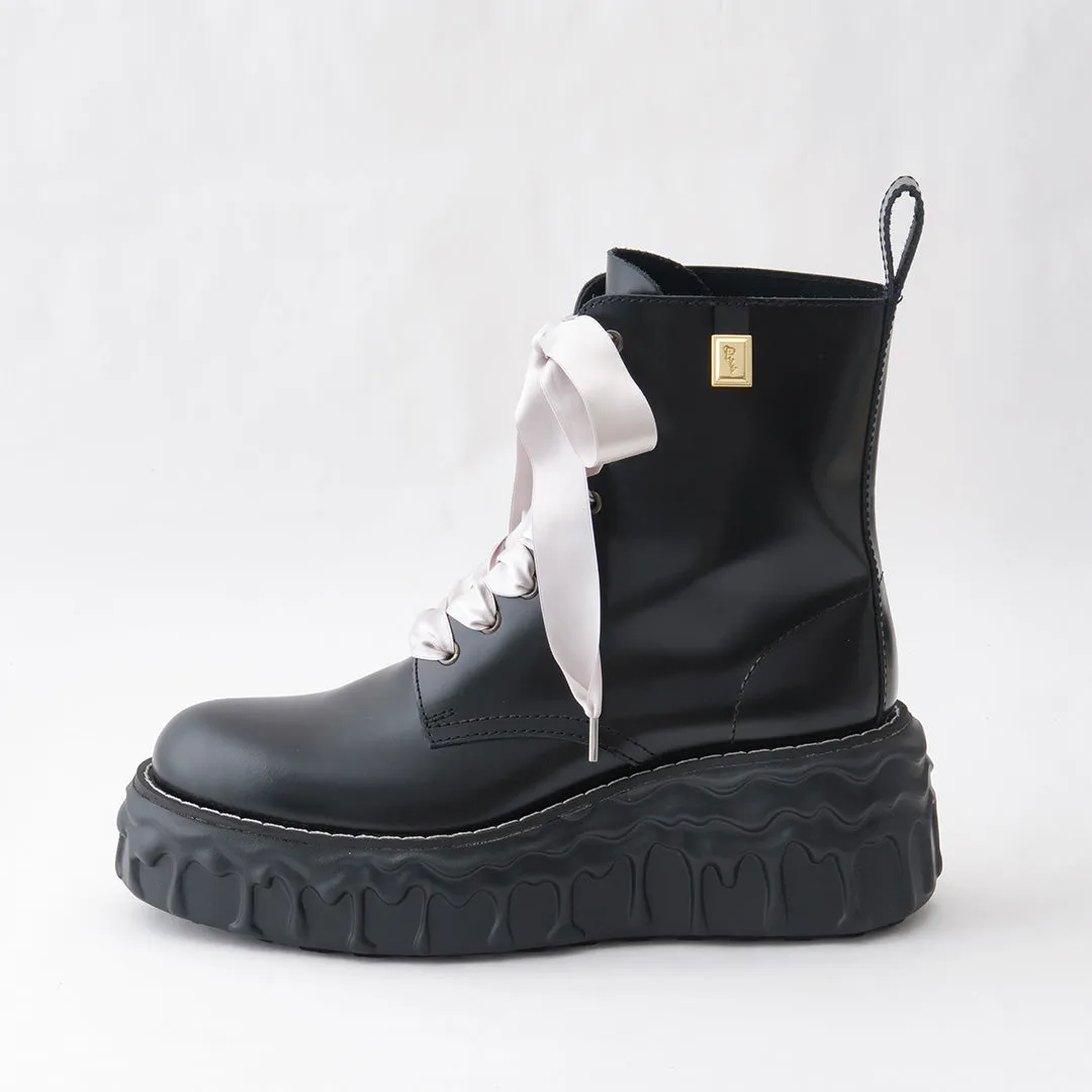 Melting Chocolate Satin Ribbon Lace Up Leather Boots (Black)【Japan Jewelry】