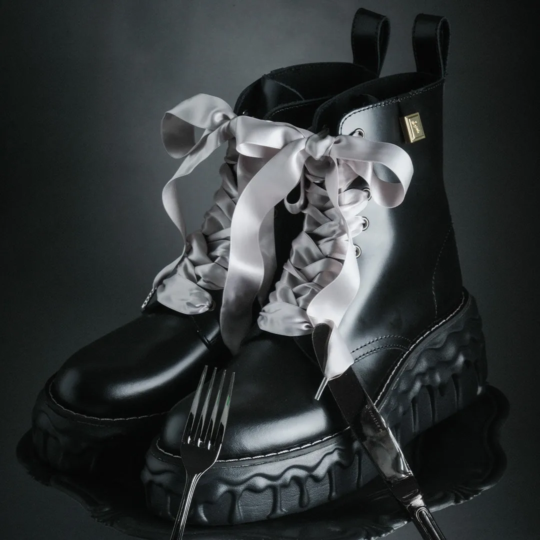 Melting Chocolate Satin Ribbon Lace Up Leather Boots (Black)【Japan Jewelry】