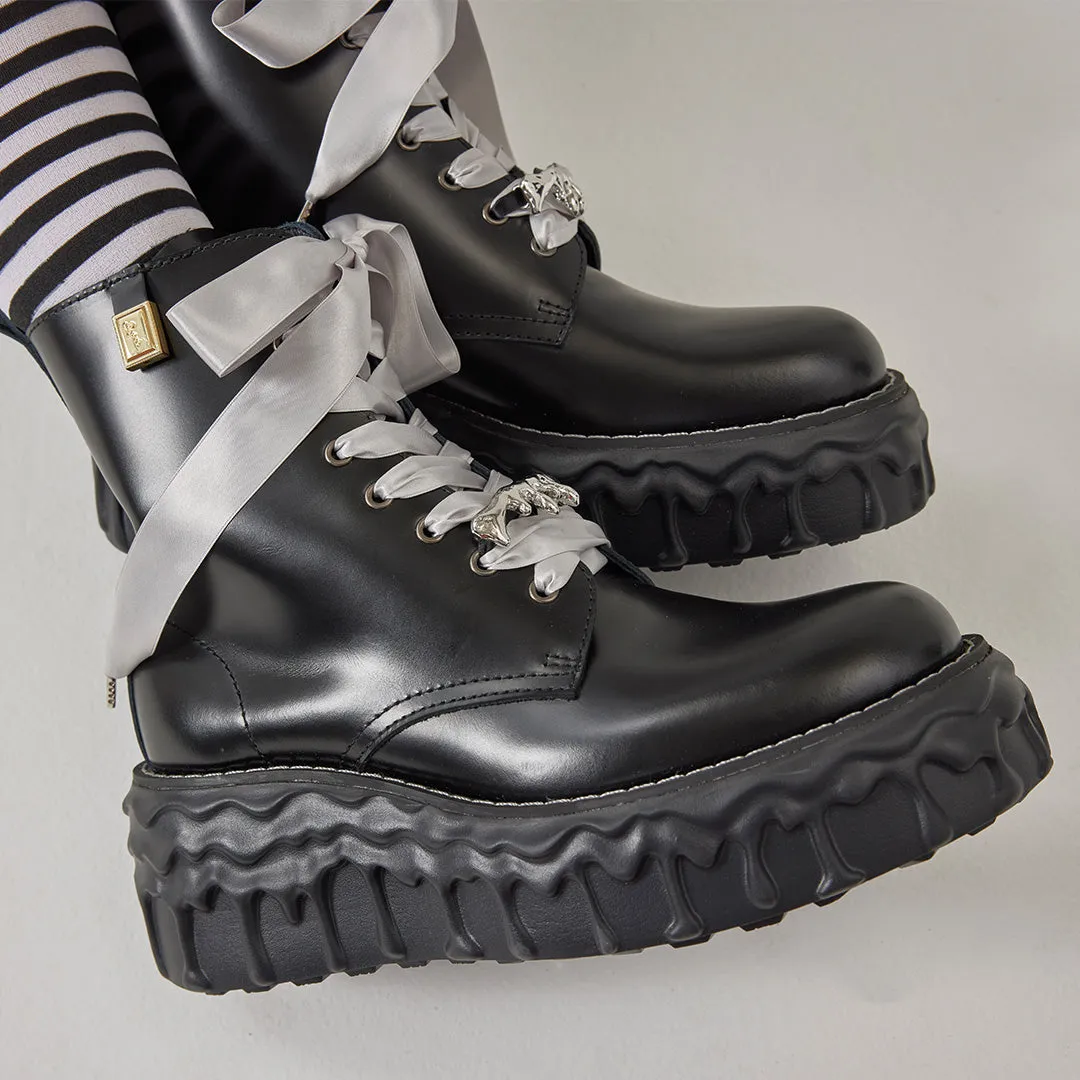 Melting Chocolate Satin Ribbon Lace Up Leather Boots (Black)【Japan Jewelry】
