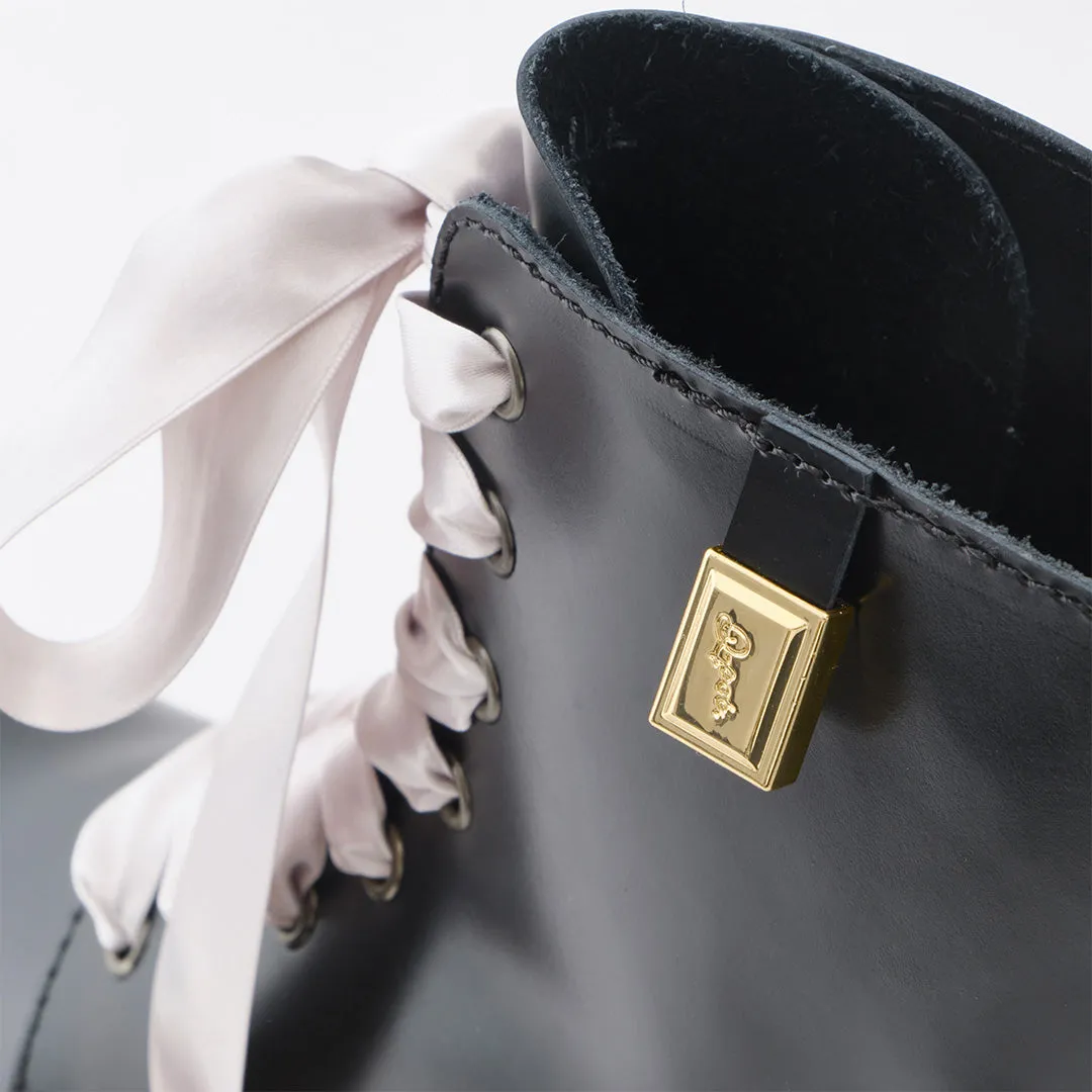 Melting Chocolate Satin Ribbon Lace Up Leather Boots (Black)【Japan Jewelry】