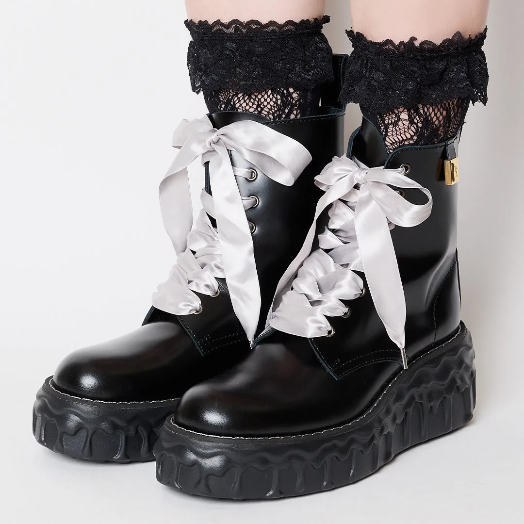 Melting Chocolate Satin Ribbon Lace Up Leather Boots (Black)【Japan Jewelry】