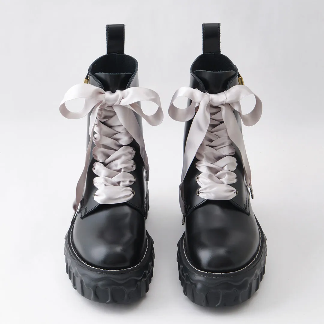 Melting Chocolate Satin Ribbon Lace Up Leather Boots (Black)【Japan Jewelry】