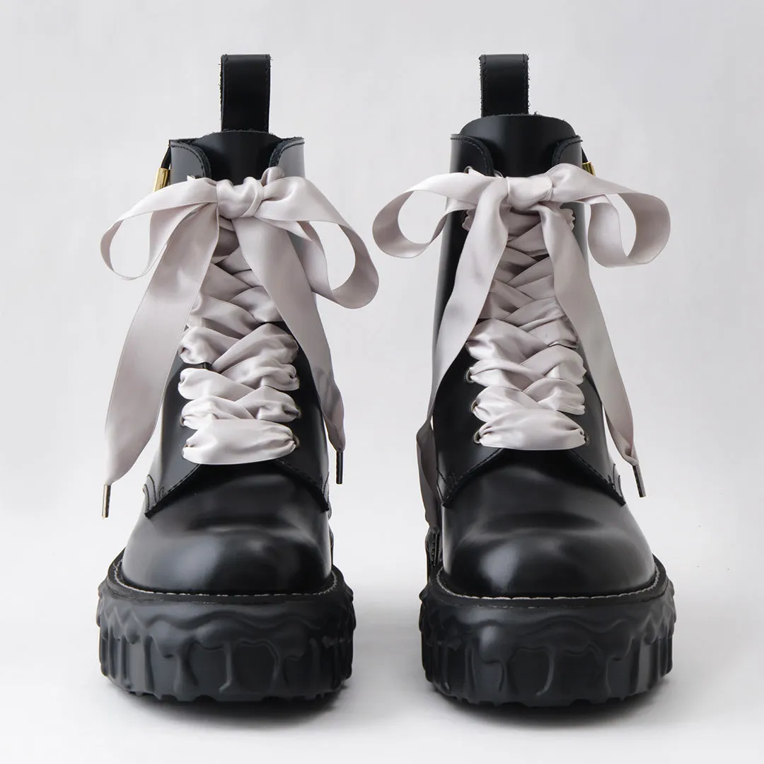 Melting Chocolate Satin Ribbon Lace Up Leather Boots (Black)【Japan Jewelry】
