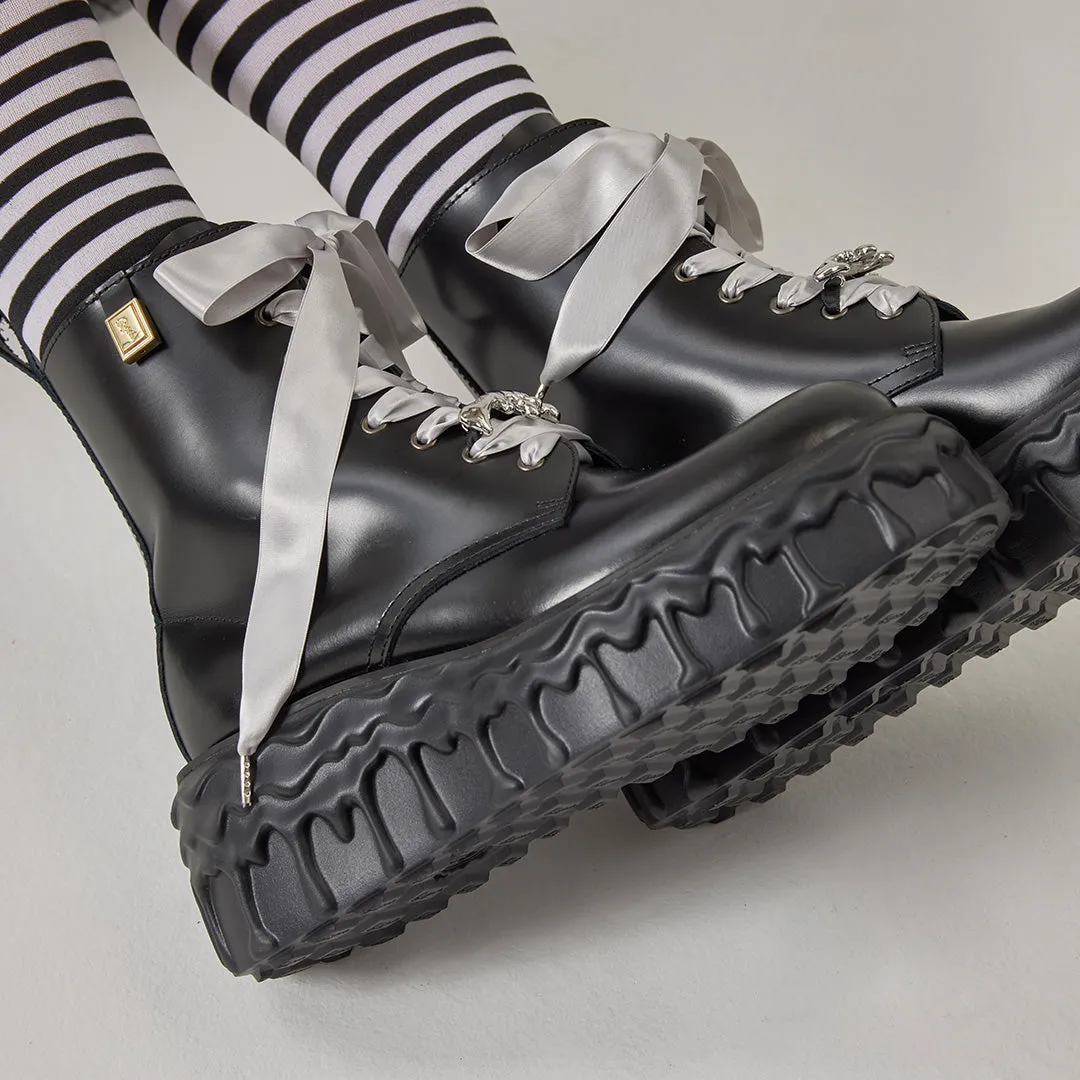 Melting Chocolate Satin Ribbon Lace Up Leather Boots (Black)【Japan Jewelry】