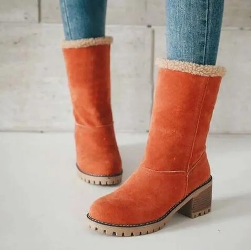 Mid-Tube Plus Velvet Warm Cotton Boots Thick Heel 5cm
