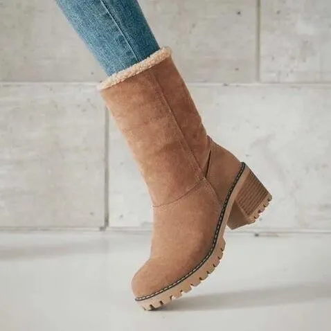 Mid-Tube Plus Velvet Warm Cotton Boots Thick Heel 5cm