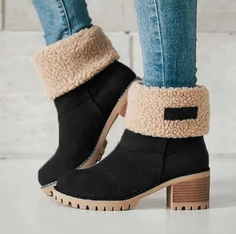 Mid-Tube Plus Velvet Warm Cotton Boots Thick Heel 5cm